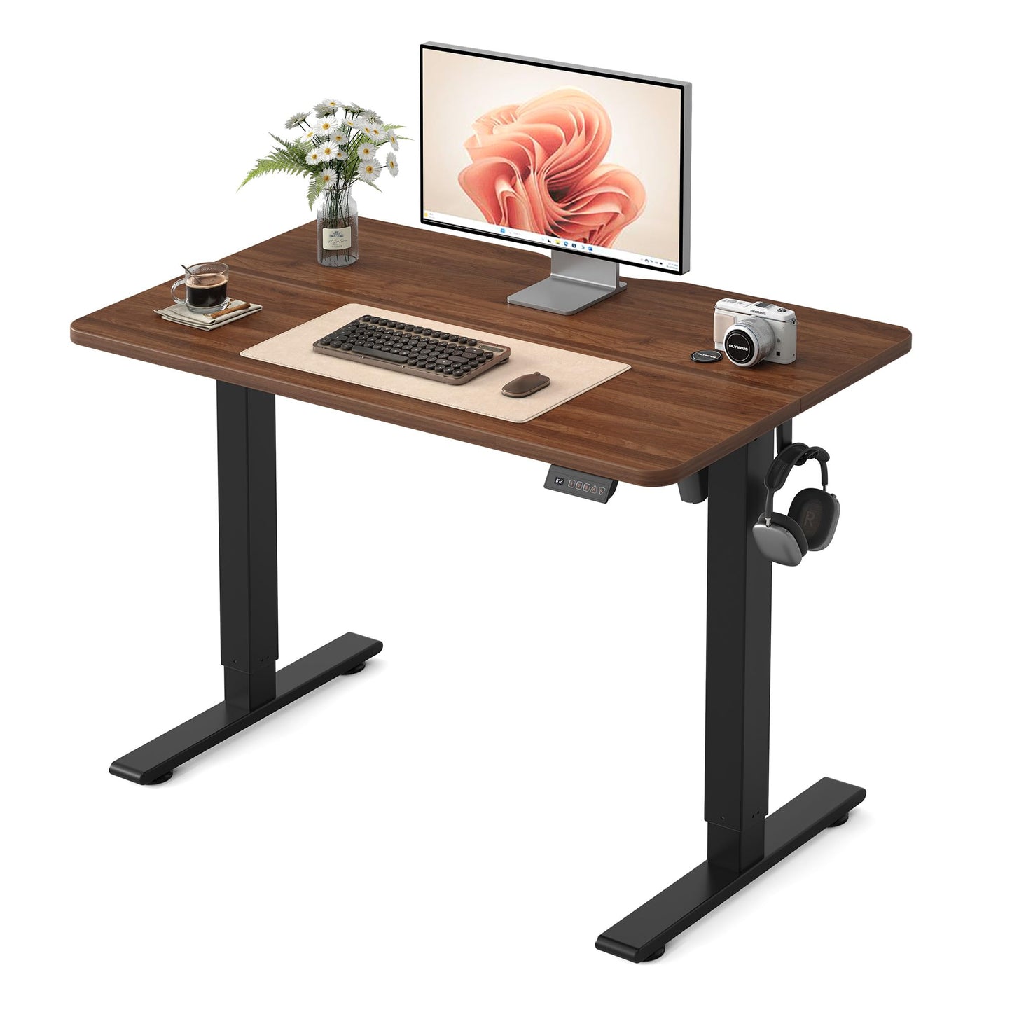 FEZIBO 40 x 24 Inches Electric Standing Desk Adjustable Height, 3 Memory Height Settings, Sit Stand Up Desk for Home Office & Computer Workstation, Dark Walnut