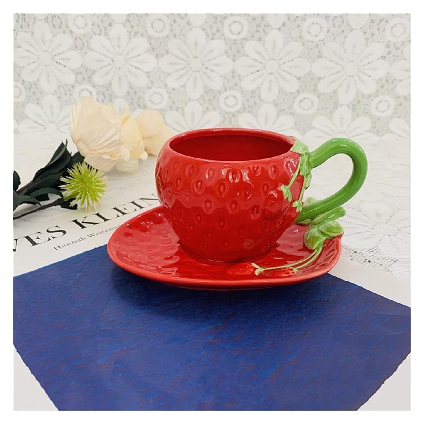 Strawberry Ceramic Cup Red Coffee Cup and Saucer Set Office Coffee Cup Tea Set Cafe Restaurant(201300ml) ()