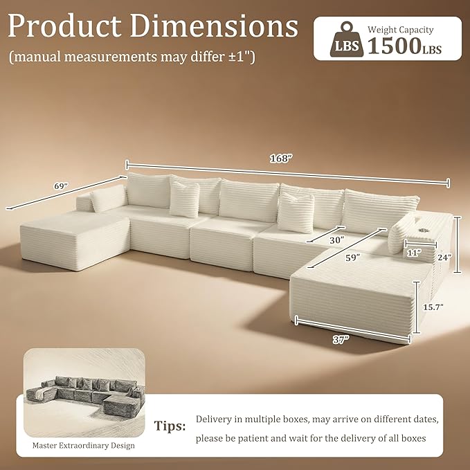 168" Cloud Sectional Couch, Comfort U Shaped Sofa
