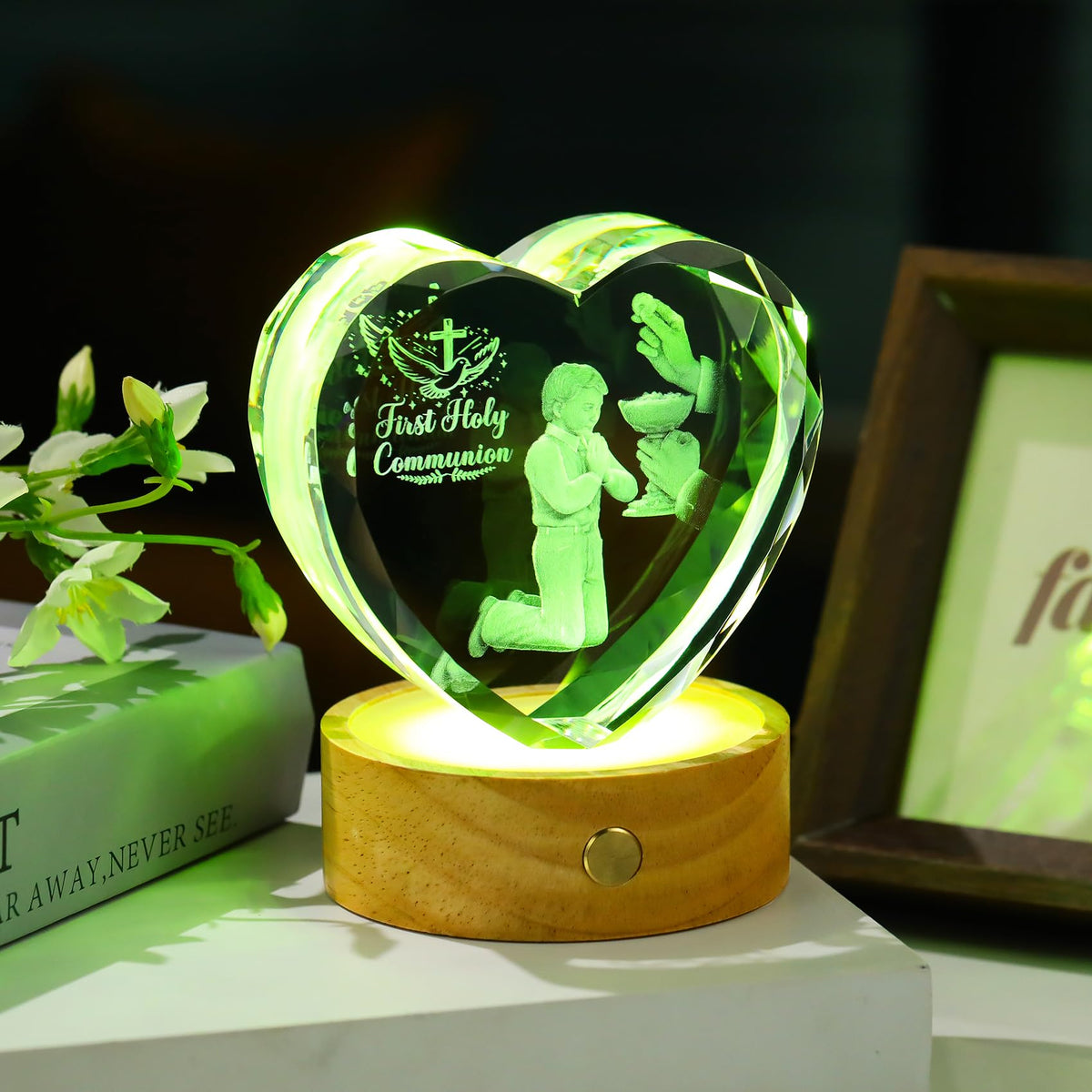 Arikyrist 3D Crystal First Holy Communion Gifts for Boys Men Crystal Heart Laser Engraving Communion Baptism Statue with Wooden Light Base Glass Religious Catholic Christian Decor