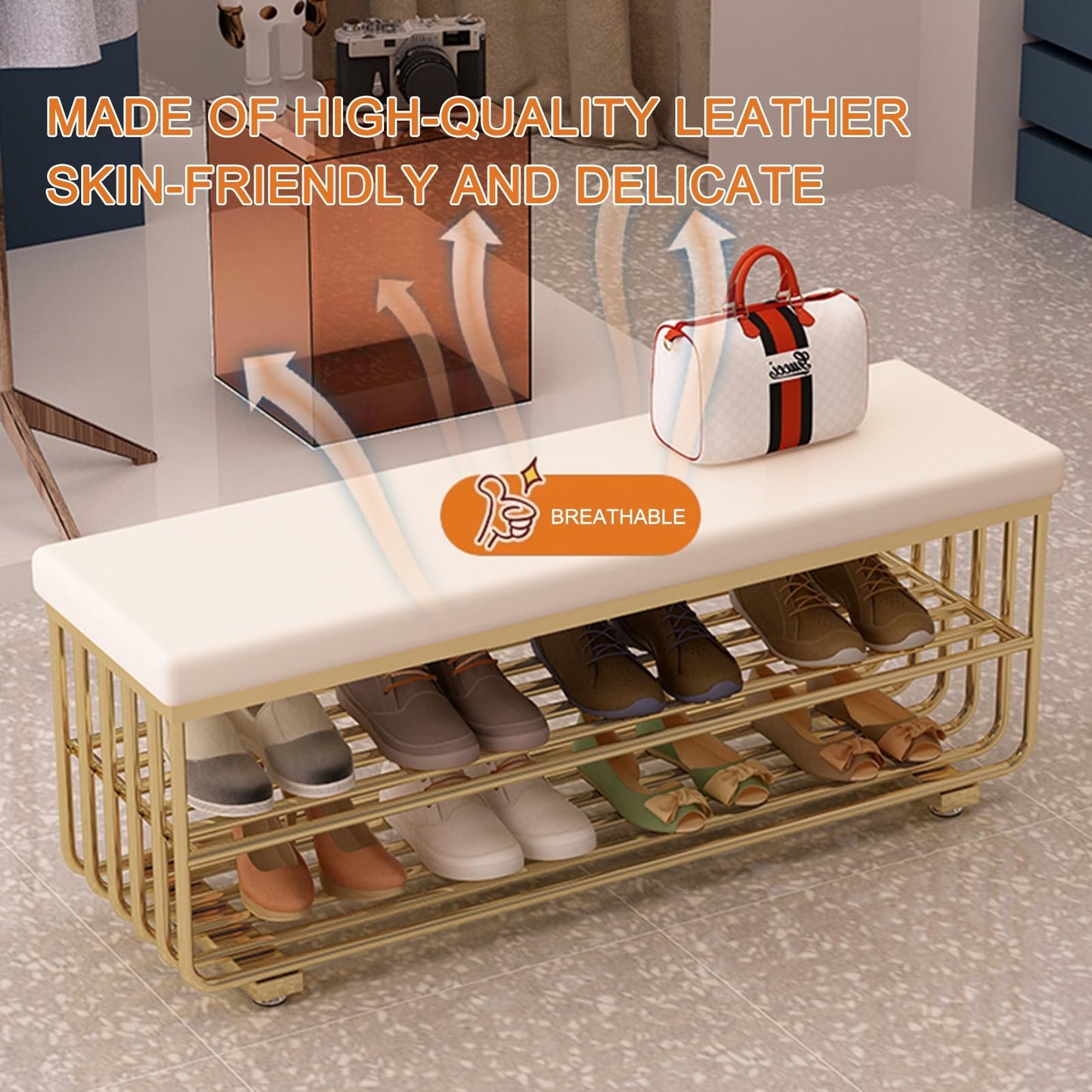 HARELA Shoe Bench with Cushioned Seat, PU Faux Leather Bench with Metal Base, Entryway Shoe Bench with Storage, Elegant Footstool for Entrance Living Room Cloakroom(Gold C,60cm/23.6in)
