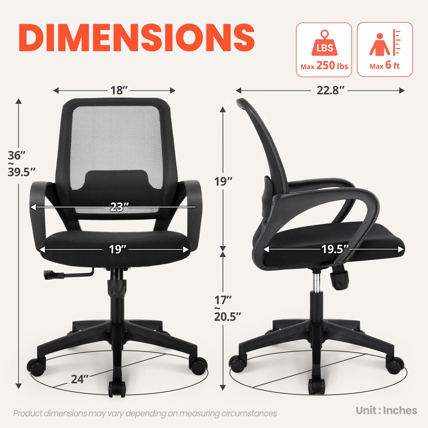 NEO Chair Office Desk Ergonomic Computer Mesh Chair with Lumbar Mid Back Support Adjustable Height Swivel Rolling Wheels Comfy Task Vanity Chair for Home Bedroom Study (All Black)