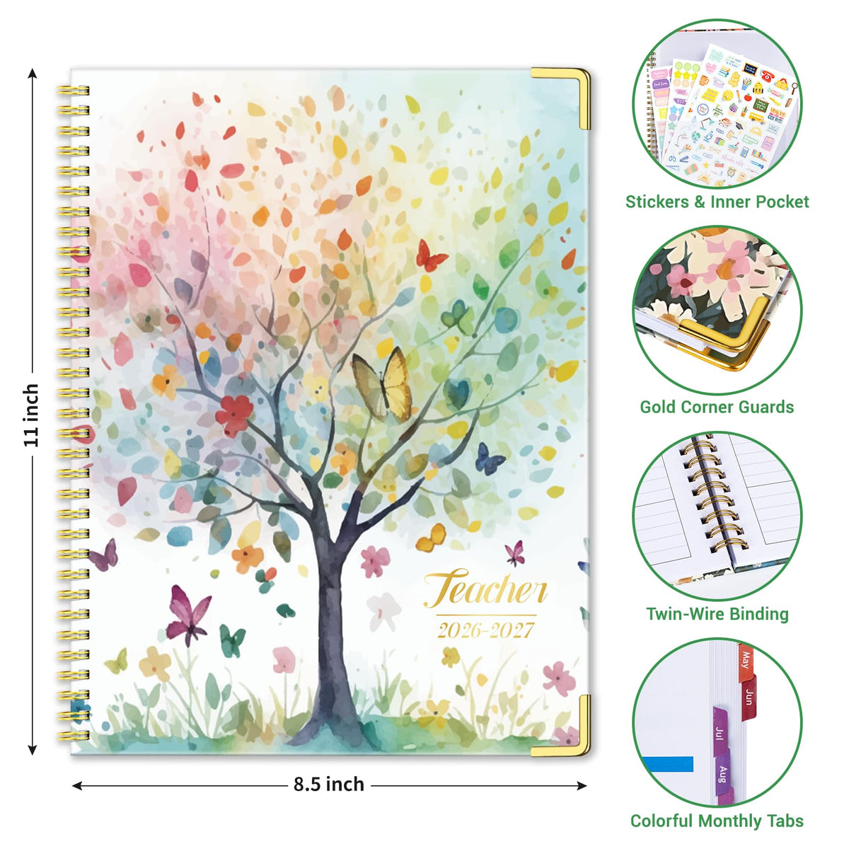 Teacher Planner 2026-2027 Academic Year, Jul.2026 - Jun.2027, 8.5" x 11" Lesson Planner Book for Teachers, Teacher Planners with Colorful Monthly Tabs for Homeschool & Classroom Organization - Tree