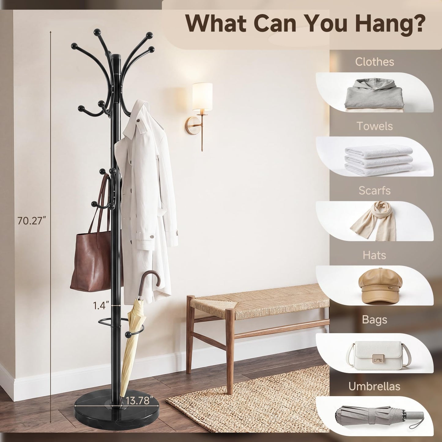DongRong Metal Coat Rack Freestanding with Natural Marble Base, 360° Roraty Coat Rack Stand with 16 Hooks & Umbrella Holder, Black Heavy Duty Coat Rack for Coats Hats for Entryway Bedroom (Black)