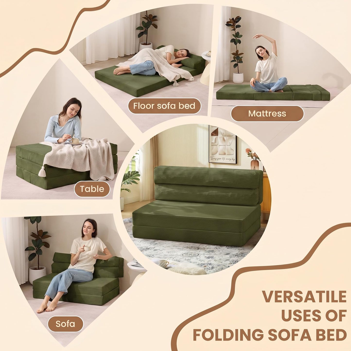 JUIKURY Folding Sofa Bed, Convertible Sleeper Chair with Pilow Foldable Matress, 2 in 1 Pull Out Loveseat Sofa Portable Fold Out Chair Bed Floor Couch Lounge for Living Room (Green, Full)