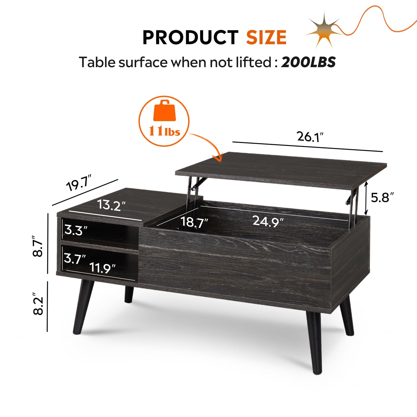 WLIVE Wood Lift Top Coffee Table with Hidden Compartment and Adjustable Storage Shelf, Lift Tabletop Dining Table for Home Living Room, Office, Charcoal Black