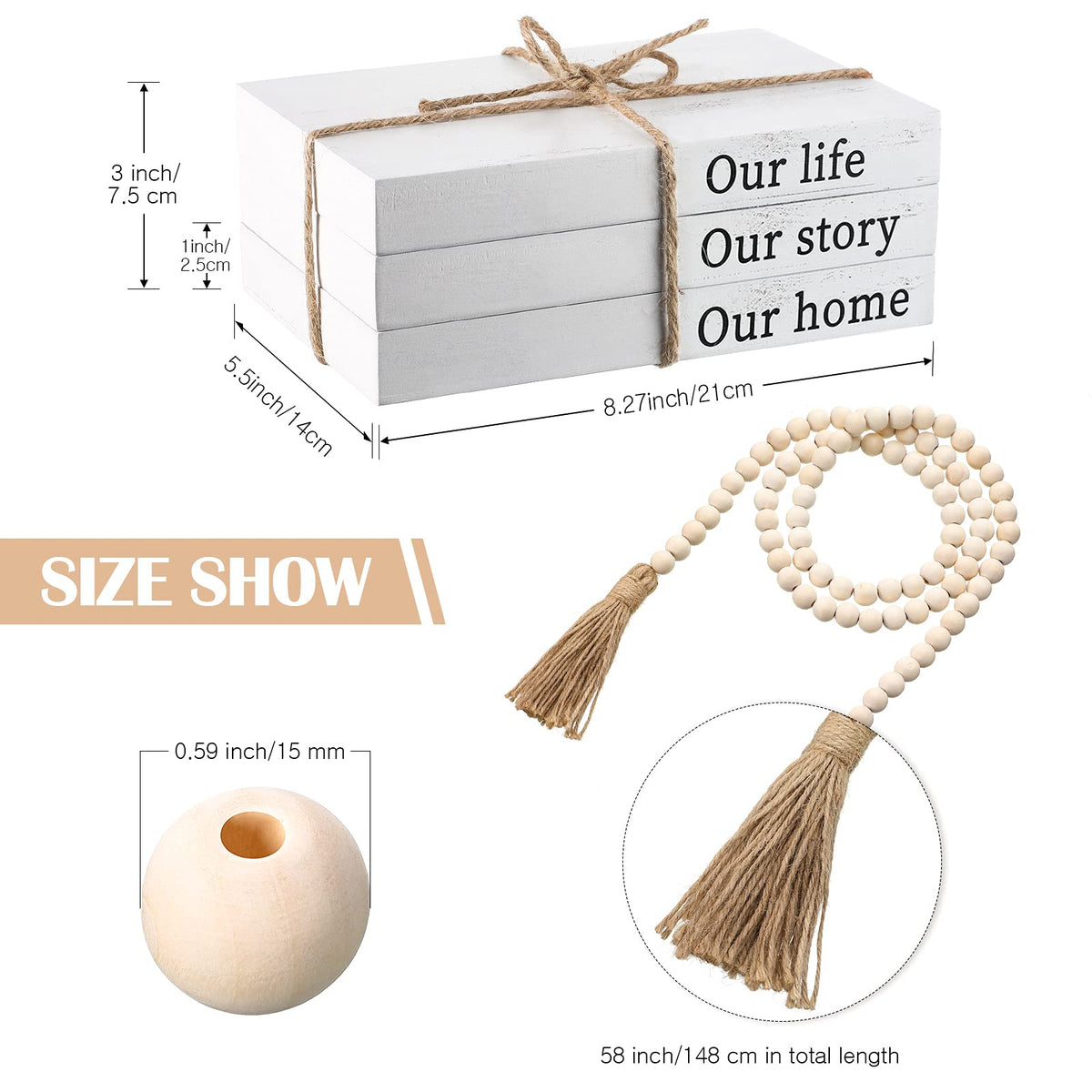 Jetec Decorative Books for Home Decor White Faux Farmhouse Stacked 3 Pieces Gift for Mother Teachers Friends Family for Coffee Tables Shelves with Wood Bead Tassels 58 Inch