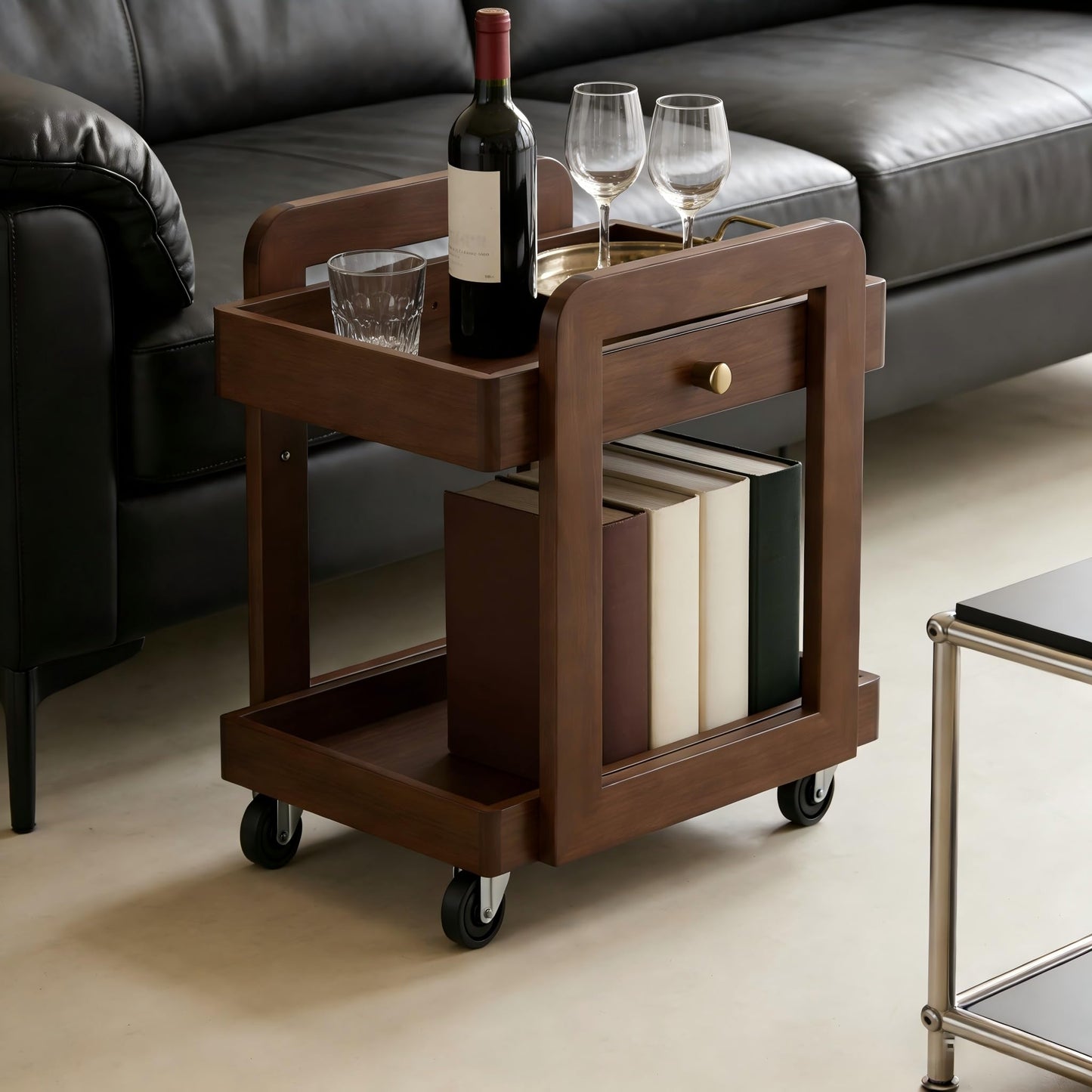 Rosolaratop Solid Wood Bar Cart with Drawer, 2-Tier Mobile Side Table with Universal Wheels, Walnut Finish Storage Trolley for Living Room, Tea Room, Bedroom