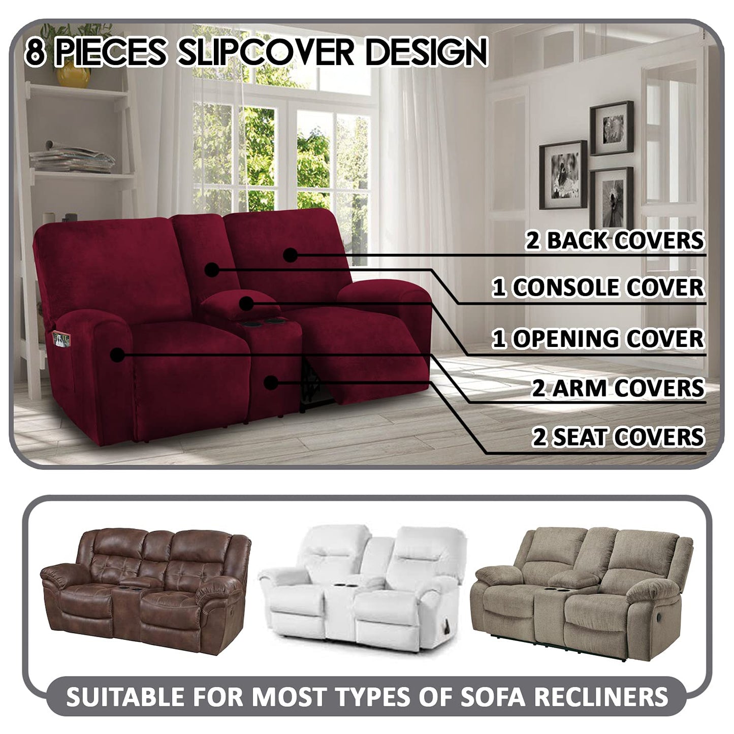Reclining Love Seat with Middle Console Slipcover, 8-Piece Velvet Stretch Loveseat Reclining Sofa Covers, 2 seat Loveseat Recliner Cover, Thick, Soft, Washable, Loveseat Slipcovers (Burgundy - Wine)