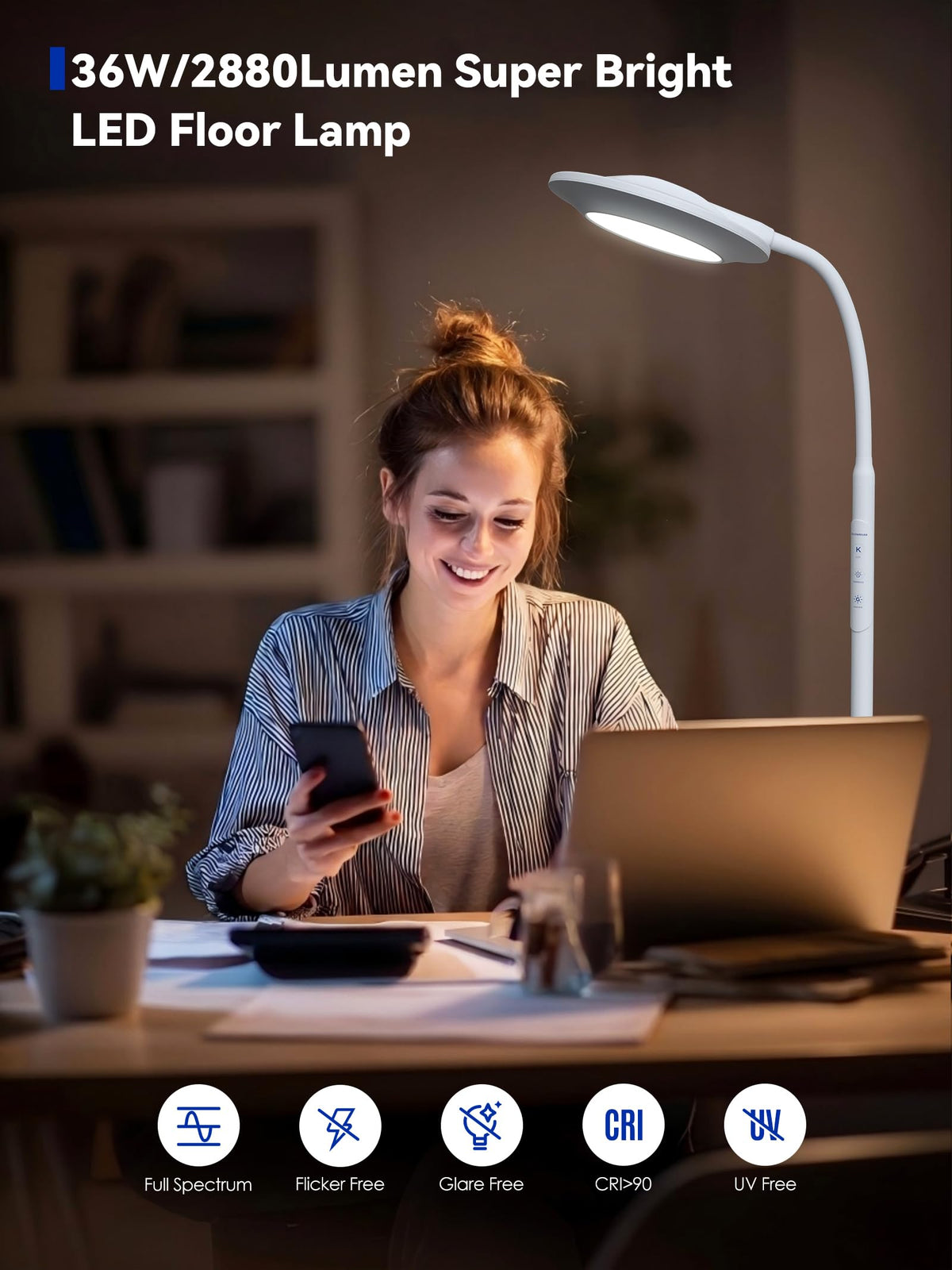 48000 LUX UV-Free Sunlight Lamp, 36W Bright LED Floor Lamp, Full Spectrum Sun Lamp, 7 Brightness Levels 4 Color Temps with Remote, Adjustable Height Reading Floor Lamp for Living Room Bedroom Office