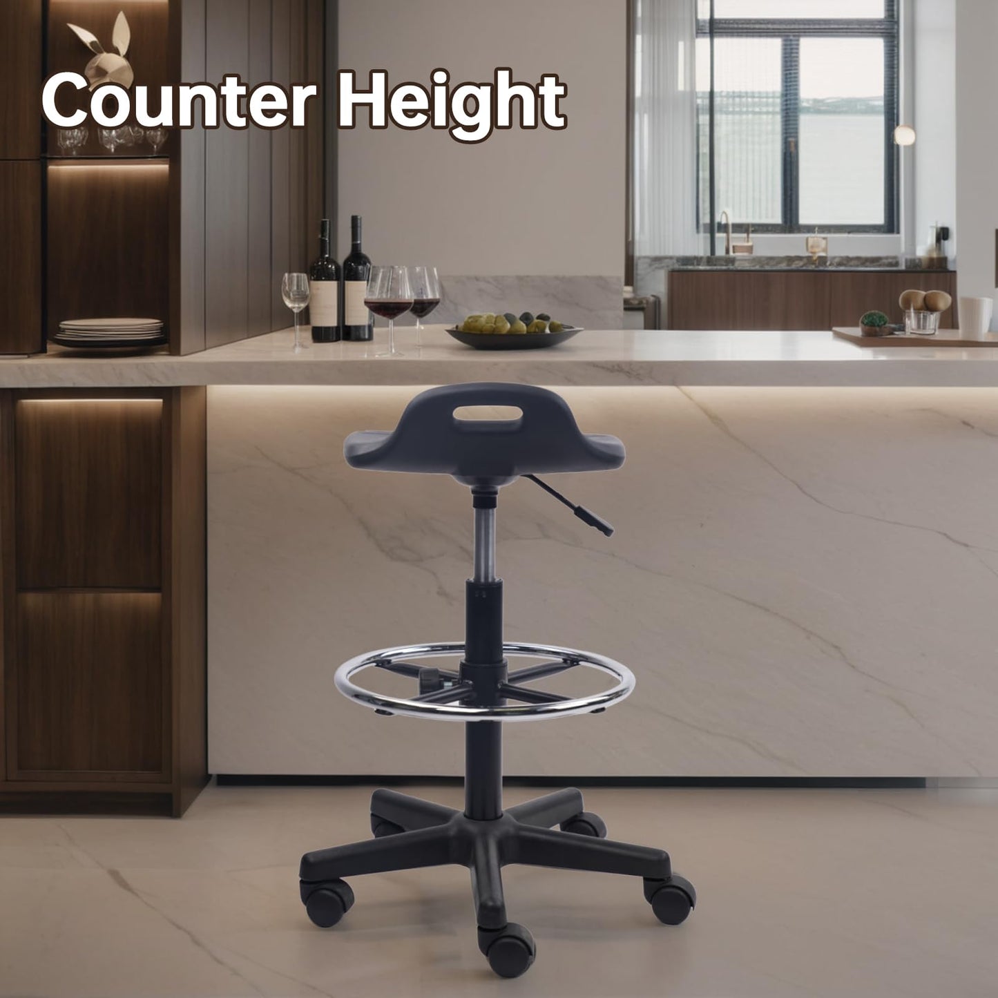 KLASIKA Drafting Rolling Stool Adjustable Height with Foot Rest Breathable Seat Cushion Swivel Stools with Wheels, Multi-Purpose Work Stool for Shop, Task, Salon, Black, 1 Pack