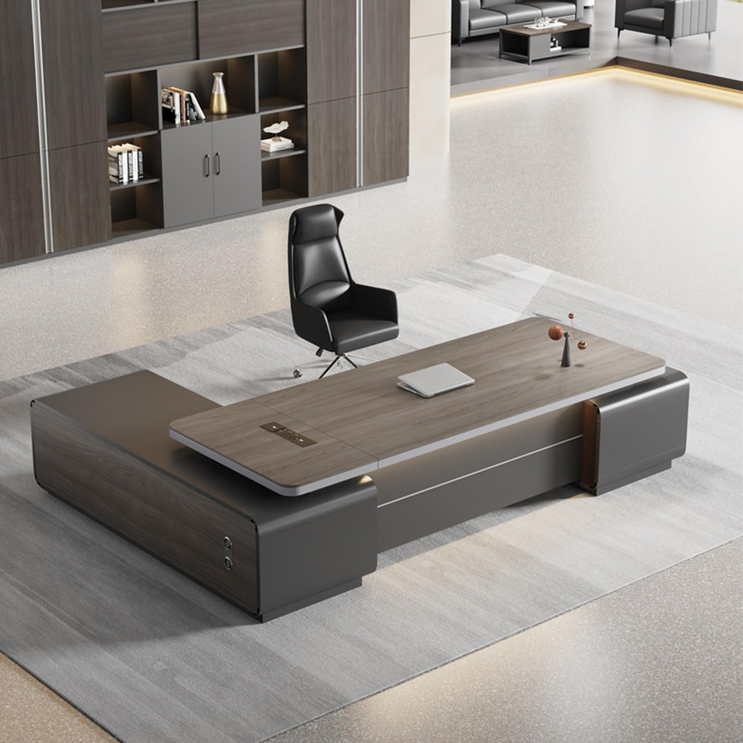 LSIGHTUS Grey L-Shaped Executive Office Desk, Modern Business Computer Desk with Lateral Cabinet Business Furniture Set Study Writing Table for CEO Boss