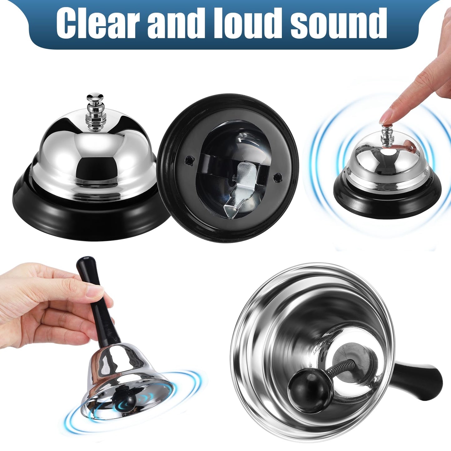PullCrease 2 Pcs Call Bell and 2 Pcs Loud Hand Bell Classic Service Silver Steel for Hotels Schools Restaurants Desk Counter Reception Areas Home Office