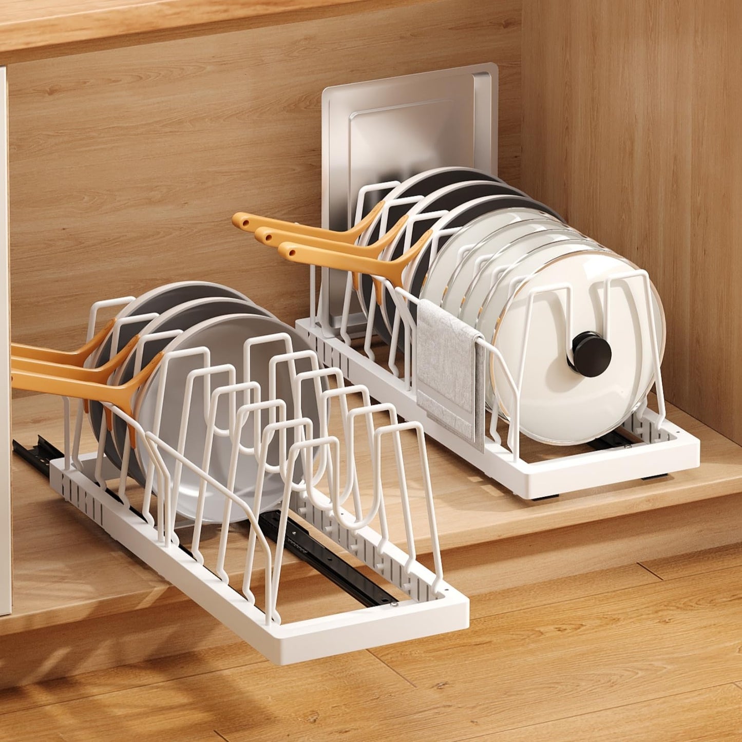 Mustorn 2 Pack Pots and Pans Organizer Under Cabinet, 21.6" Deep Pull Out Pot Lid Organizer Holder with Guardrail Adhesive Pot and Pan Holder Rack with 10 Adjustable Dividers(White)