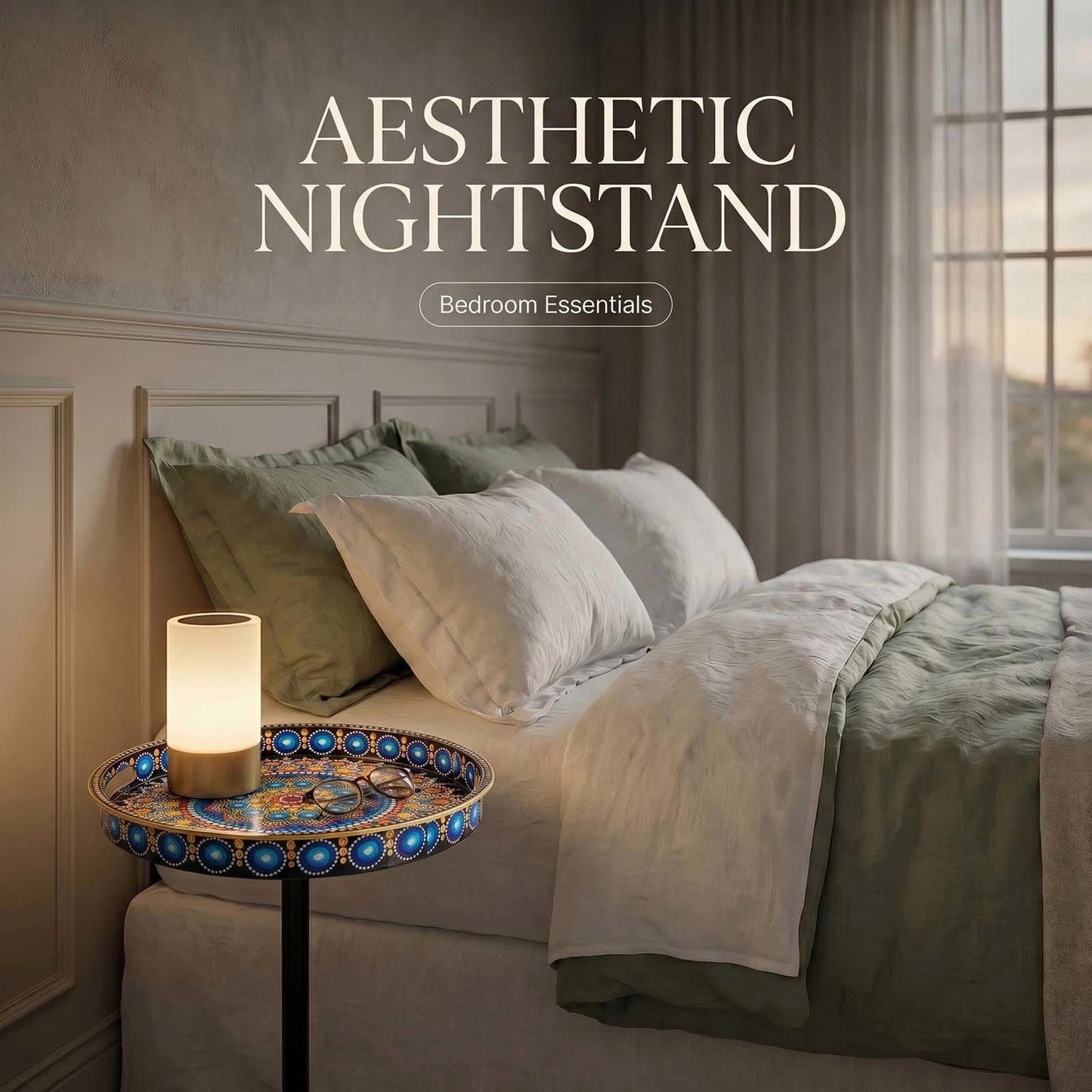 Gesodant Boho Single Leg Round Side Table with Tray Top, Pedestal Drink Table for Small Spaces, Aesthetic Accent Nightstand for Living Room, Bedroom, Corners, and Office (Peacock)