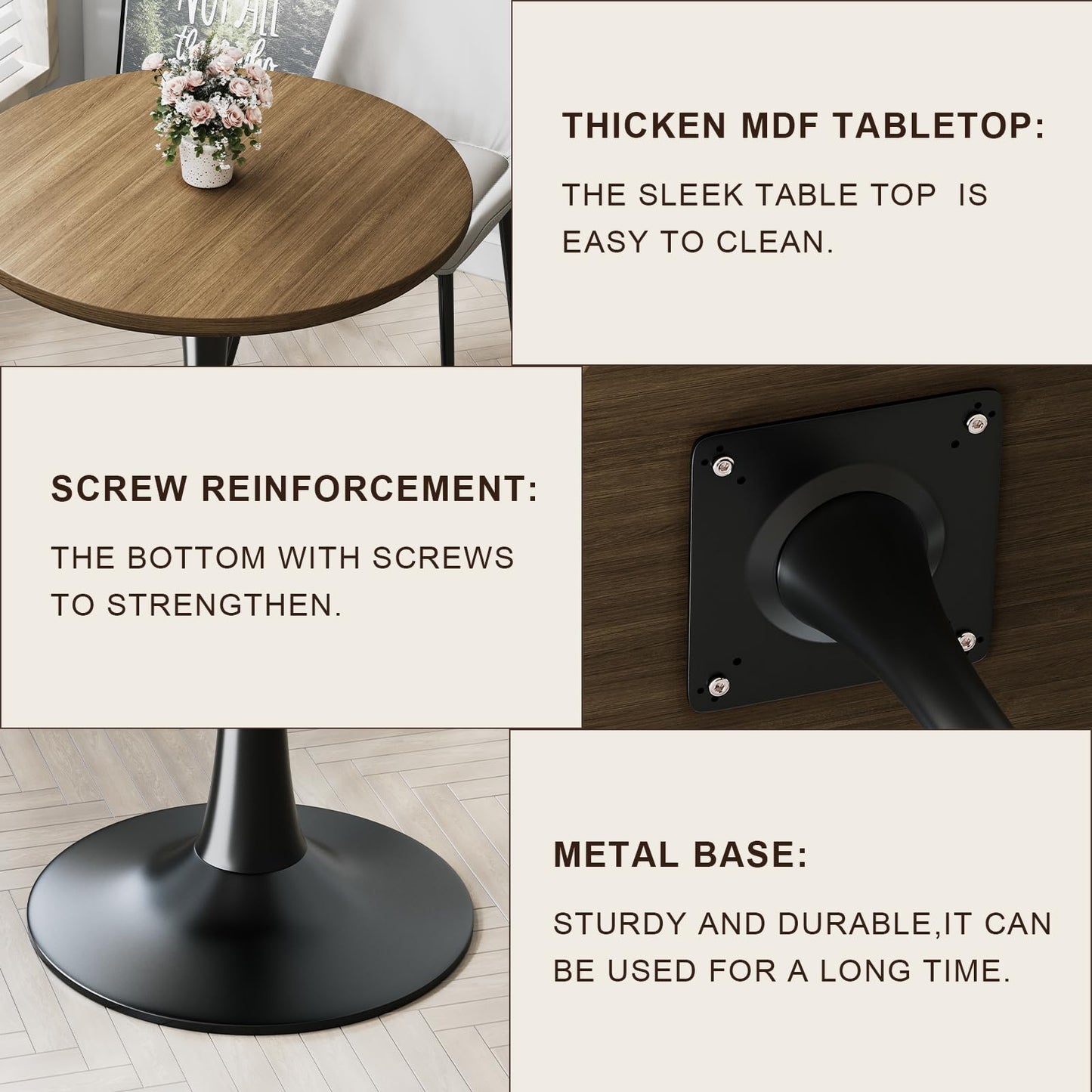 24 inch Small Tulip Table for 2 Person, Walnut Round Dining Table for Kitchen, Leisure Wood Mid Century Modern Table with Metal Pedestal Base for Cafe, Living Room, Bar, Circle Bistro Tables