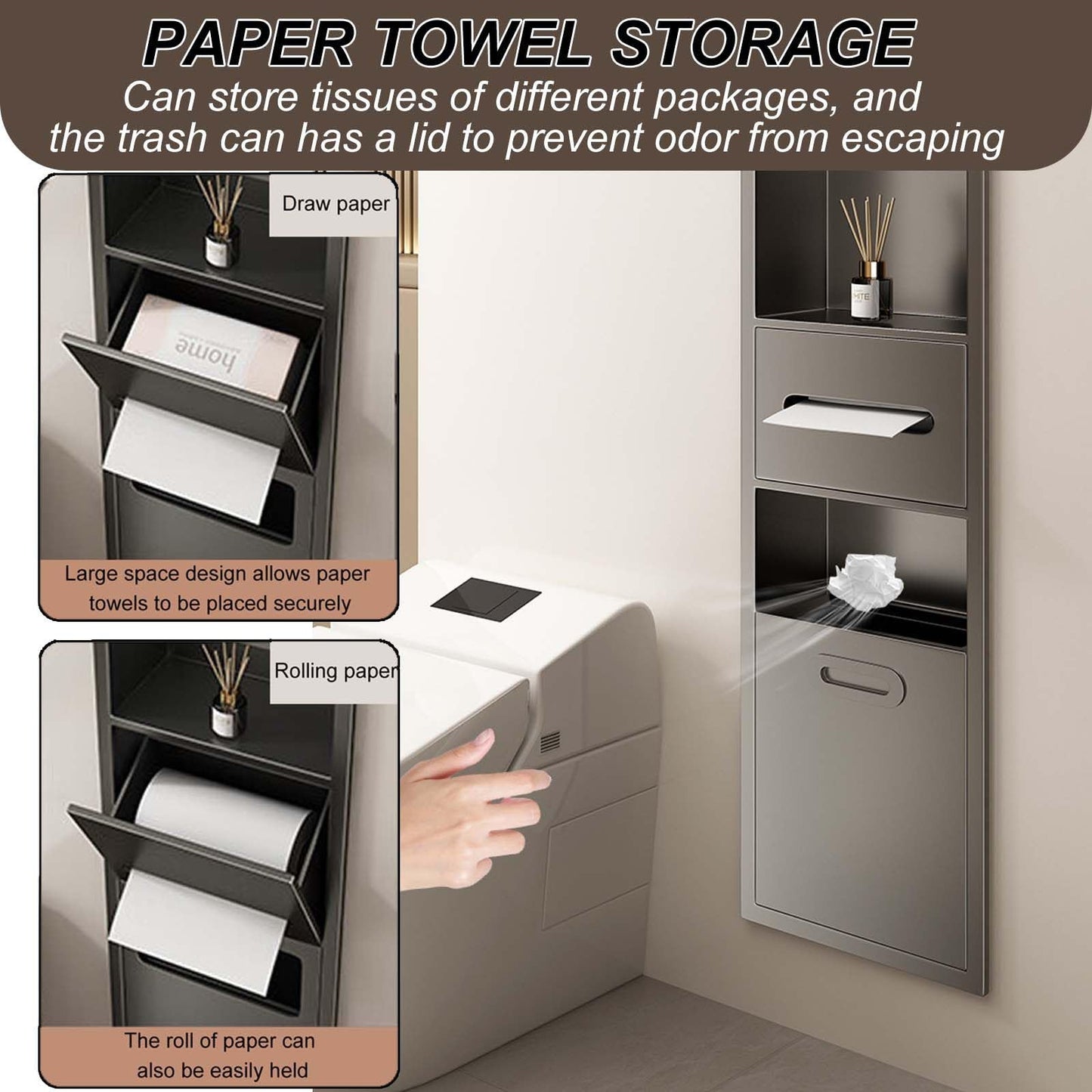 Wall Mounted Hidden Trash Can Cabinet, Stainless Steel Waterproof Tissue Box, Decorative Shelf Niche for Bathroom, Space-Saving Black Organizer, Stylish Waste Bin Solution