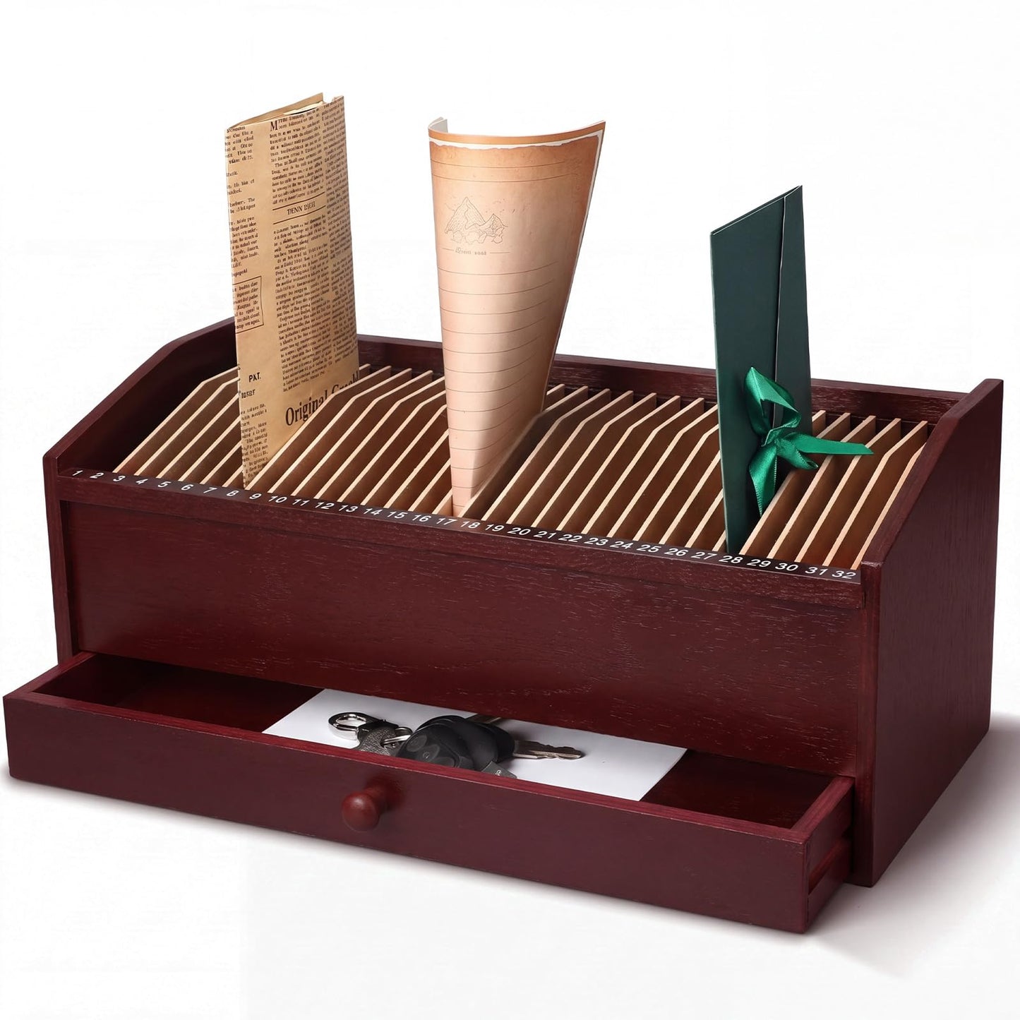 Teecyhooo Wood Desktop Organizer with Drawer, 17 Inch 32 Section Bill & Mail & File Organizer Storage for Office Desk, Desktop Mail Holder and Office Supplies Storage, Letter and Paper Sorter(Brown)