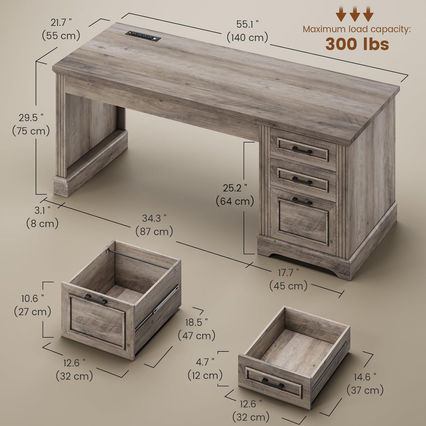 Itaar Farmhouse 55" Executive Desk, Computer Desk with Storage Drawers and Power Outlet, Home Office Desk, Workstation for Office Home, Grey