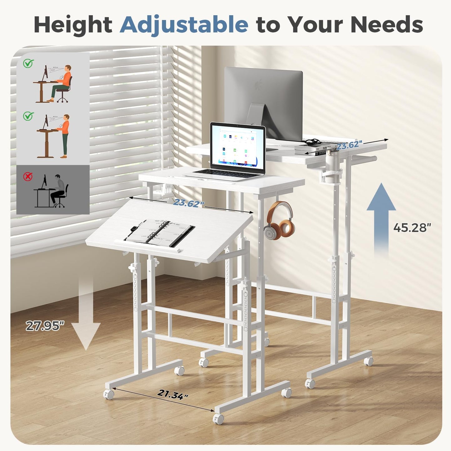 DUMOS Split Top Rolling Standing Desk 23.6 Inch Mobile Laptop Workstation Manual Height Adjustable Sit Stand Office Table Walking Pad Study Surface Portable Home Office Computer Cart White
