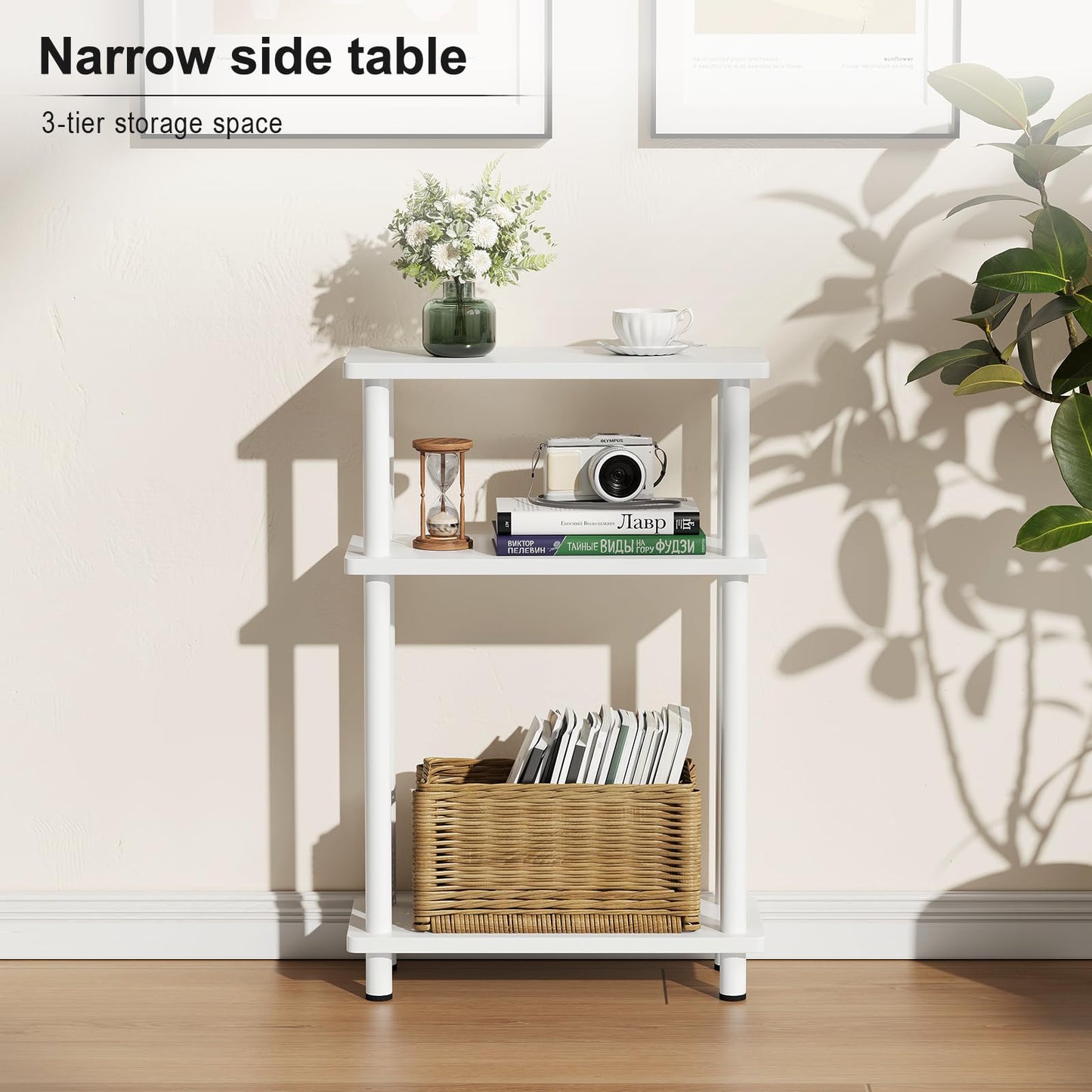 Apicizon Small Narrow Side Table, 3-Tier Skinny End Table with Storage Shelf, Slim Nightstand Bedside Table for Small Spaces, Living Room, Bderoom, White