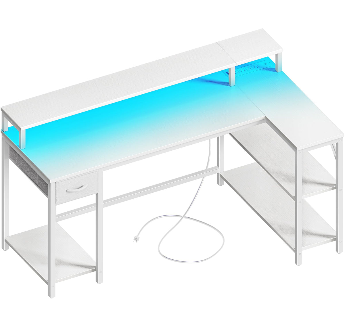 SUPERJARE 53 inch Reversible L Shaped Desk with LED Lights & Power Outlets, Computer Desk with Shelves & Monitor Stand, Gaming Desk with Drawer, Home Office Desk Corner Desk, PU White Drawer