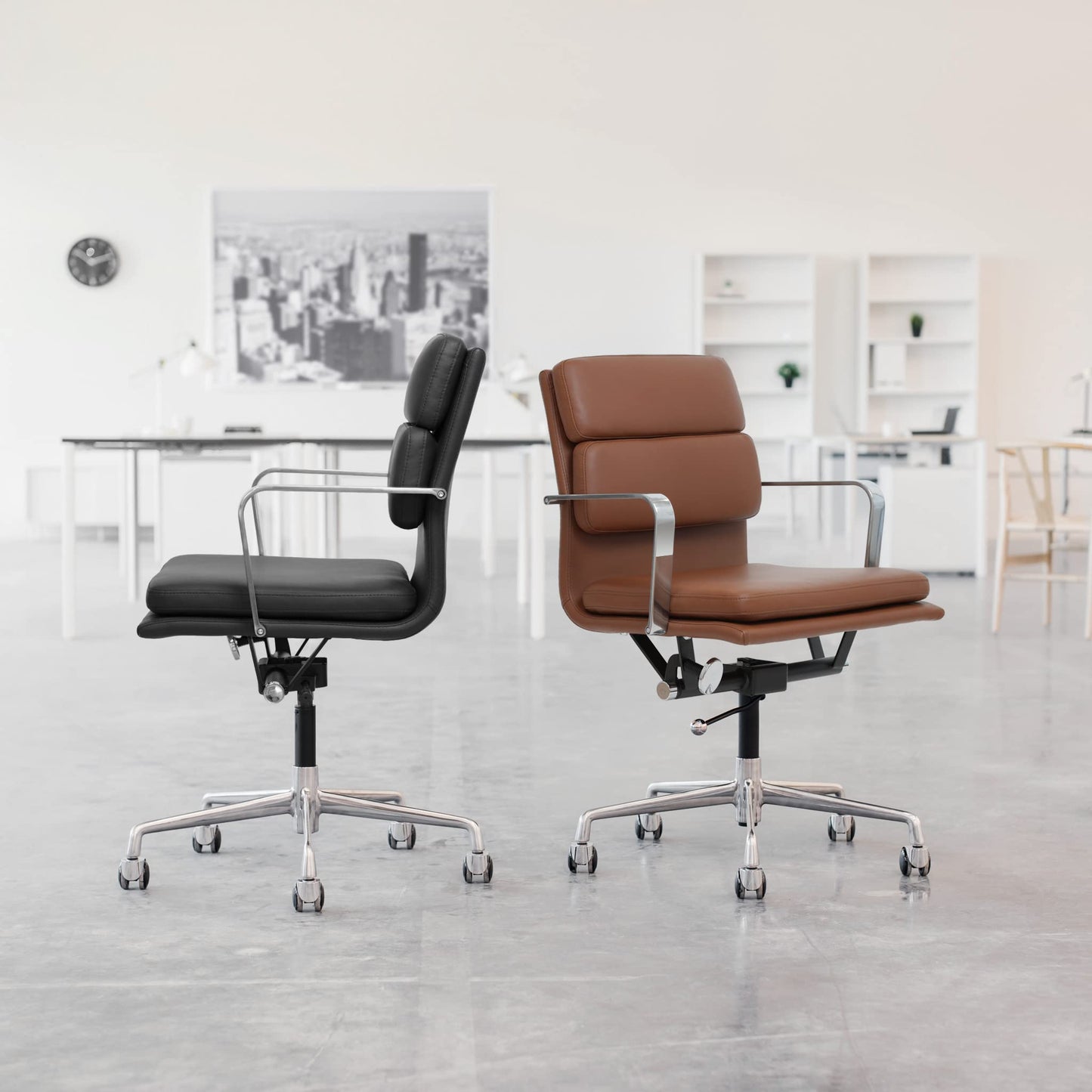 Laura Davidson Furniture SOHO II Padded Management Office Chair - Mid Back Desk Chair with Arm Rest, Swivel & Cushion Availability, Made of Faux Leather, Dark Grey, Computer Chair