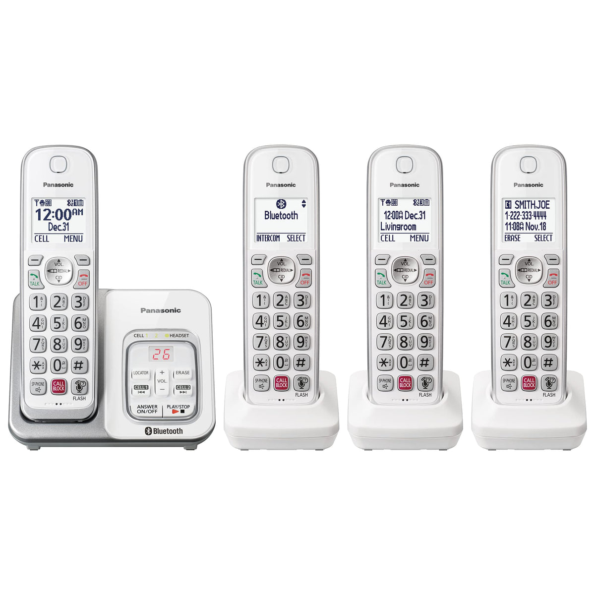 Panasonic Cordless Phone with Answering Machine, Link2Cell Bluetooth Home Phones, Voice Assistant and Advanced Call Blocking, Expandable System with 4 Handsets - KX-TGD864W (White)