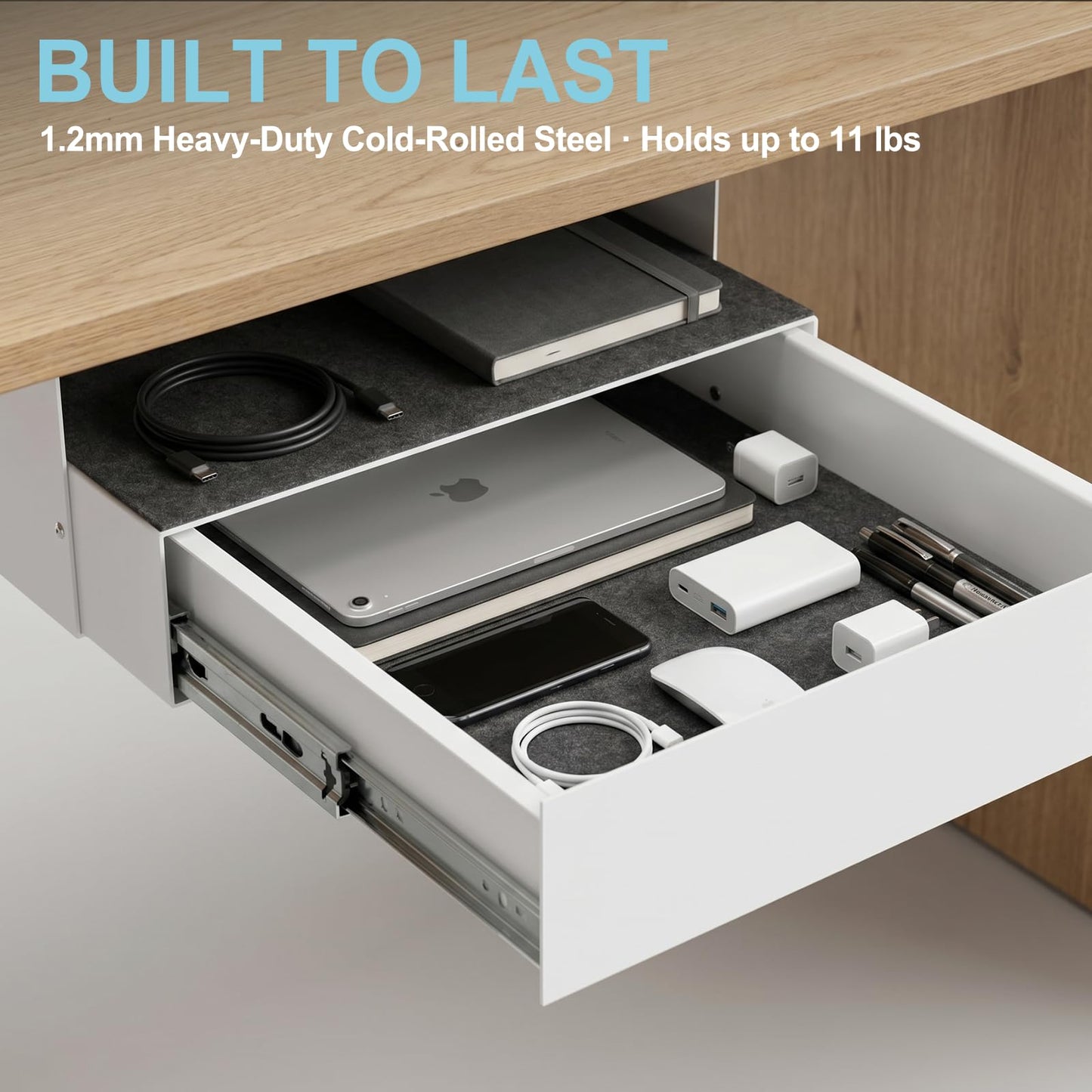 ERGO COLLECT Under Desk Slide Out, Lockable Steel Storage Drawer with Lock and Keys, Full-Extension Slides, Undermount Drawer for Home Office & Standing Desk, 13.8 Inch, White