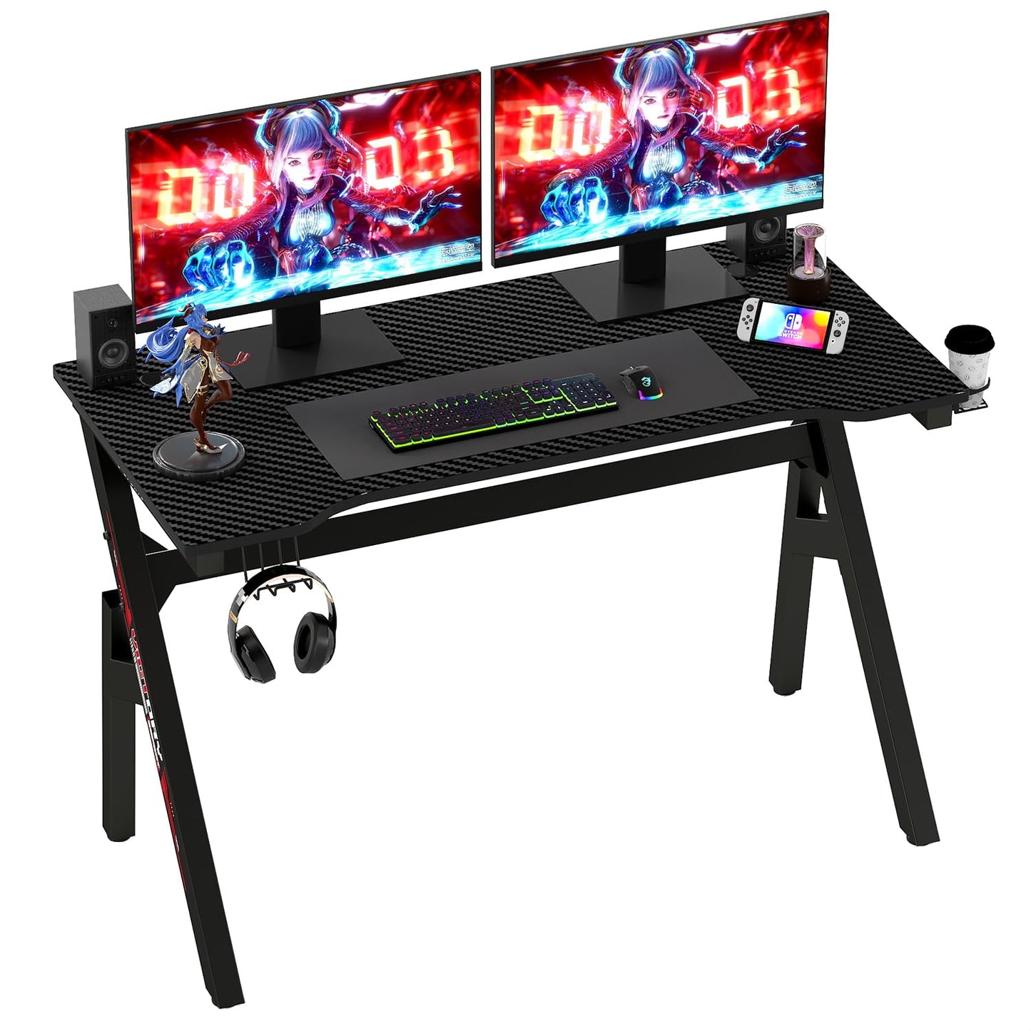 BestOffice | 47" Gaming Desk | Black & Red | Carbon Fiber Textured Computer Desk | Sturdy Steel Frame,Cup Holder, Headphone Hook, Cable Management Holes, Adjustable Leg Pads | for Gamers,Home,Office