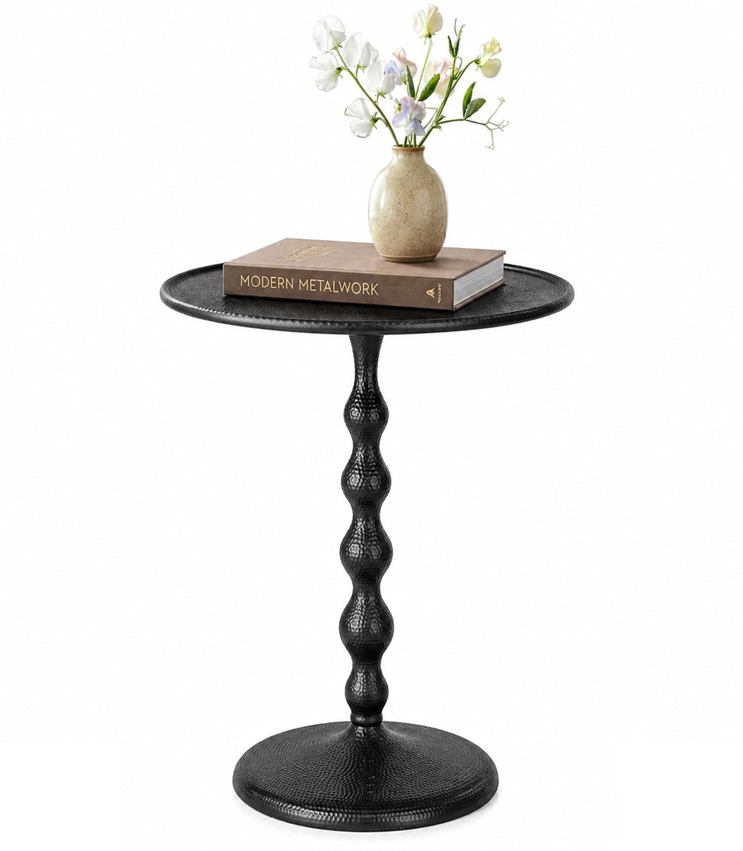 End Table, Round Hammered Modern Metal Side Table with Pedestal Base, Aluminum Lightweight & Durable Accent Table for Living Room, Bedroom, Sofa Side & Small Spaces - Black