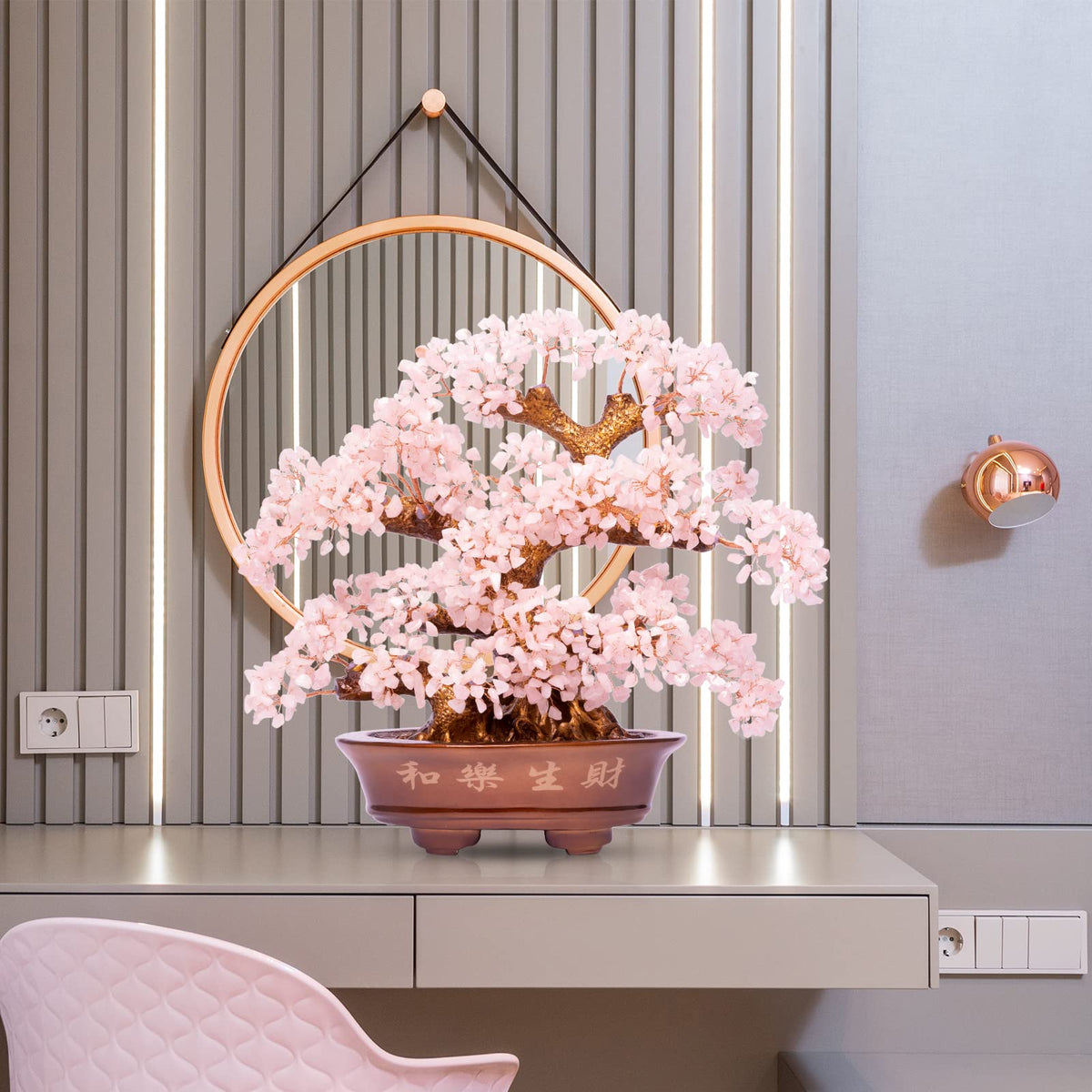 GEMBOURY Natural Rose Quartz Tree Large,14" Chakra Crystal Tree(1,251 Gemstone Count) w/Lucky Coins Chain Healing Properties - Bonsai Feng Shui Money Tree for Love Self Care Home Office Decoration