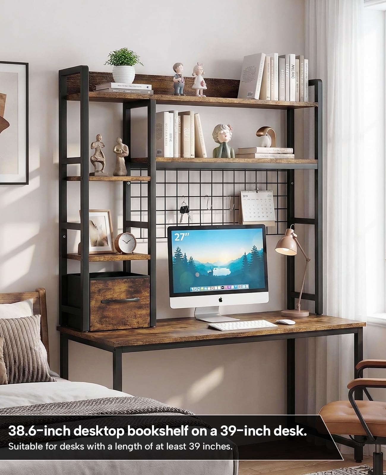 Rifoer Desk Hutch for Computer Monitor, 38.6" Over Desk Shelf with Grid Panel & Woven Drawer, 4-Tier Sturdy Metal and Wood Tabletop Storage Rack for College Dorm, Home Office, Rustic Brown