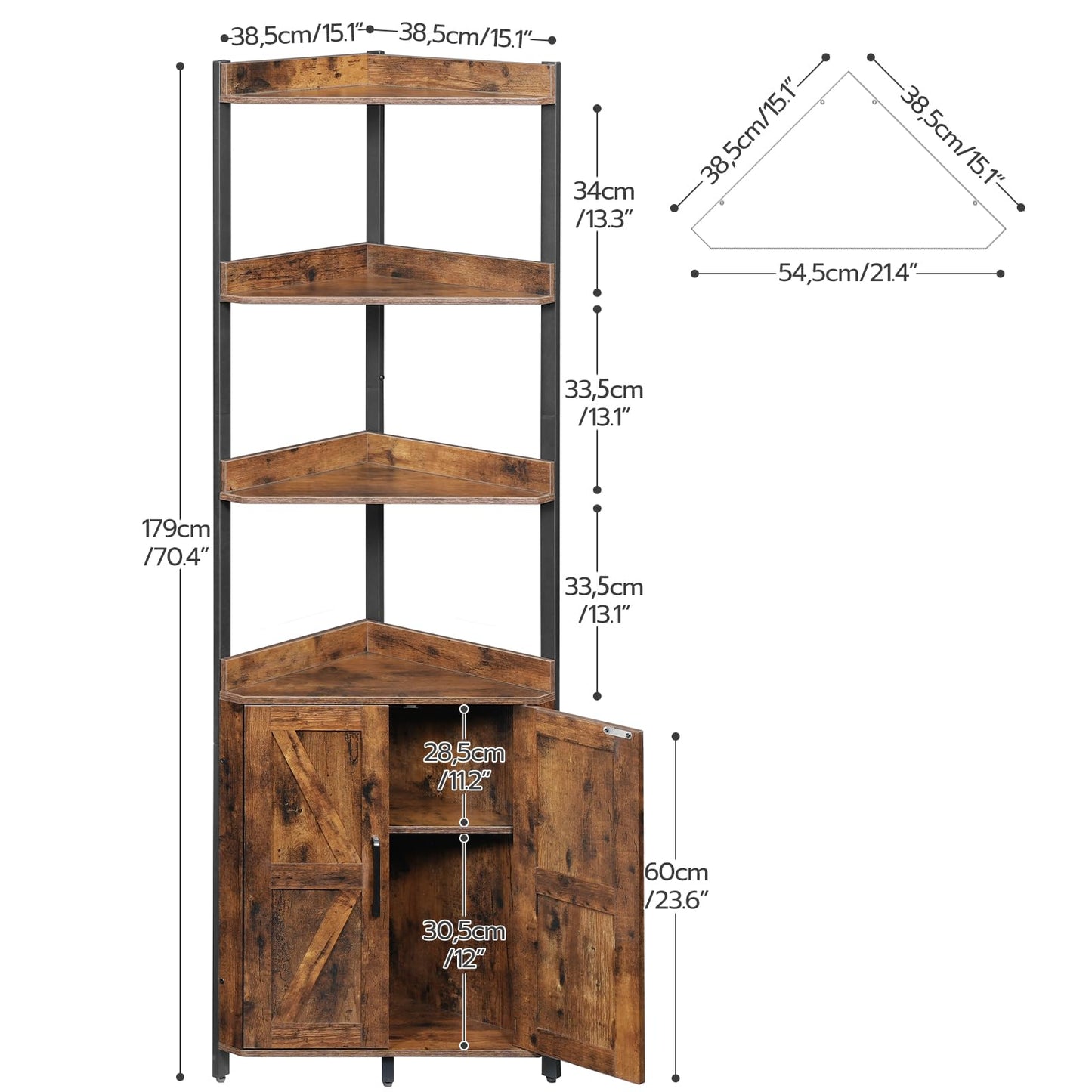 HOOBRO Corner Shelf with Storage, Tall Corner Cabinet, 5-Tier Bookshelf Stand, Storage Cabinet with Protective Fence, for Living Room, Rustic Brown and Black BF78CJ01