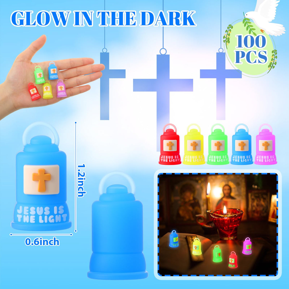 Halloscume 100 Pcs Vbs 2026 Jesus is The Light Lanterns Figures Glow in Dark Jesus Lights The Way Sign Christian Religious Gift Hide and Seek Sunday School Favor (Partially Glowing,Multicolor)