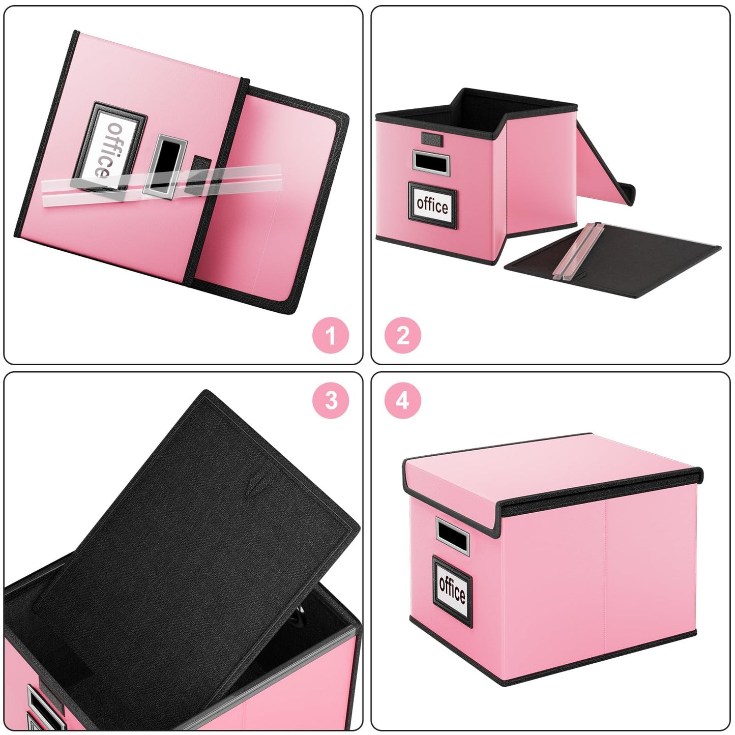 Huolewa File Organizer Box with Lid, Collapsible Leather File Folder Organizer for Office Document Storage, Filing Box with Plastic Slide for Letter/Legal Size Hanging Files, Pink