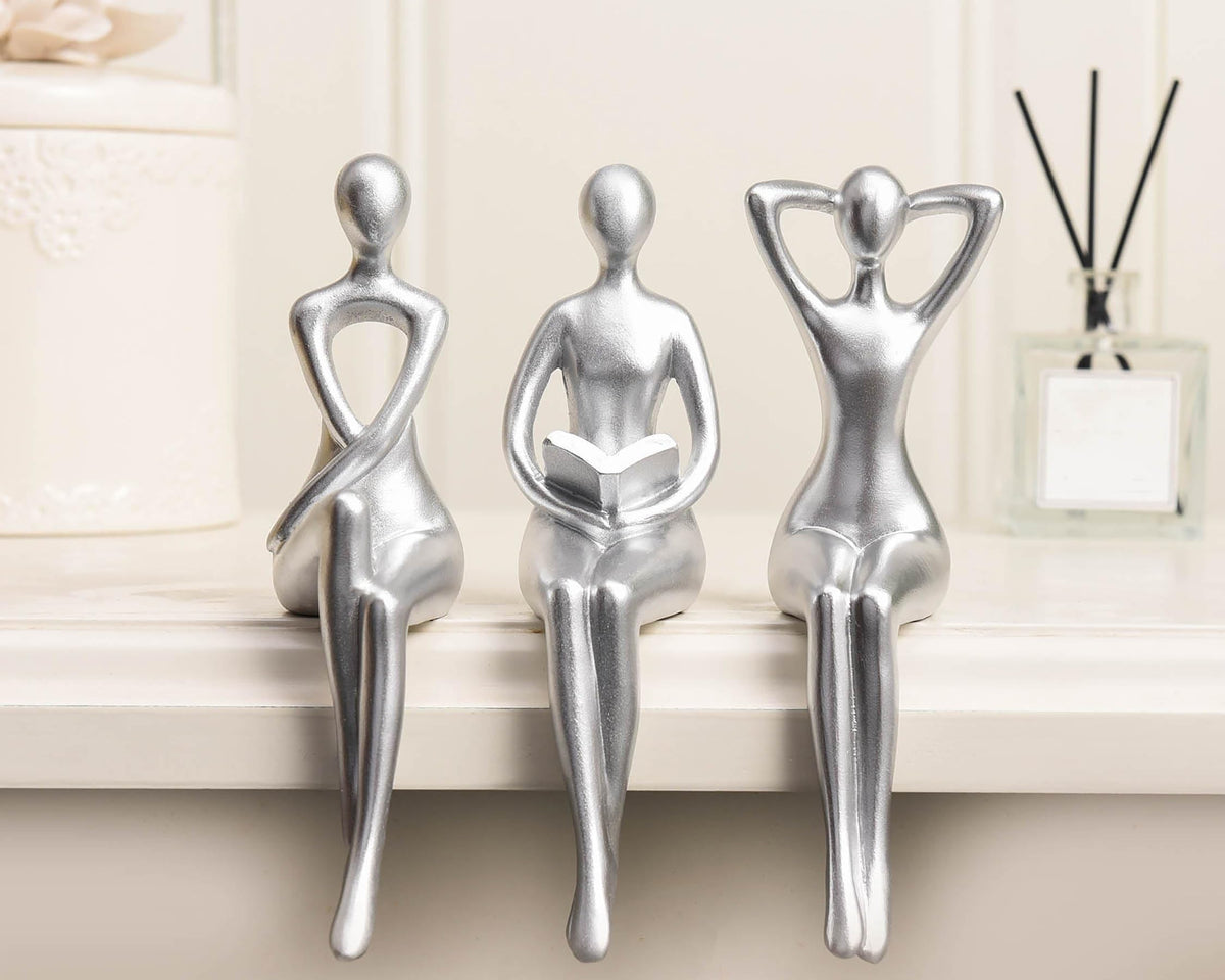 Quoowiit Thinker Statue Office Desk Decor, Silver Art Sculpture Ornament Coffee Table Bookshelf Decor Modern Home Unique Home Decorations for Living Room 3 Piece
