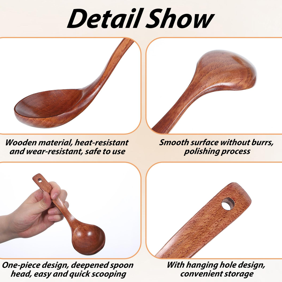 Wooden Ladle for Soup, Set of 2 Wooden Spoons for for Deep Pot, Non-Stick Wooden Spoons for Cooking & Serving, Natural Wood Sauces Porridge Soup Flatware with Long Straight Handle