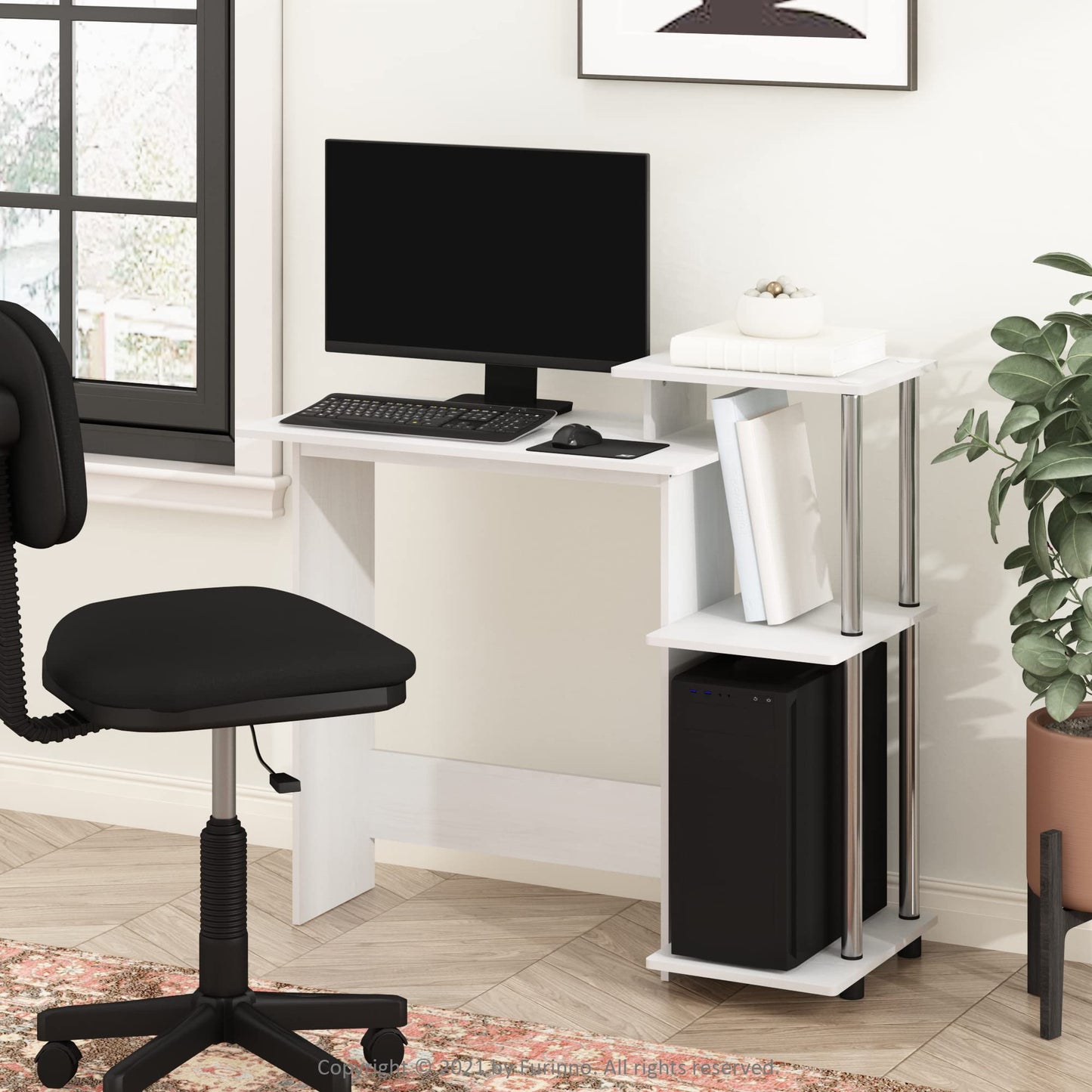 Furinno EFFICIENT Desk, 28.6" Wide Gaming Desk with 3 Open Side Shelves, Laptop Notebook Computer Desk, Office Desk for Home Office, Study Room, Dorm, Bedroom, White Oak/Stainless Steel