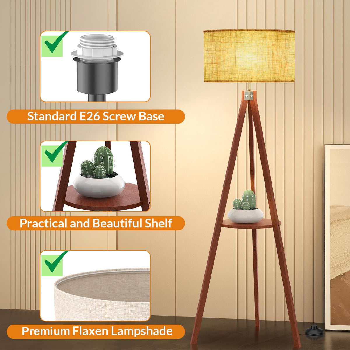 LEPOWER Tripod Floor Lamp, Mid Century Wood Standing Lamp, Modern Design Shelf Floor Lamp for Living Room, Bedroom, Office, Flaxen Linen Shade with E26 Base Brown