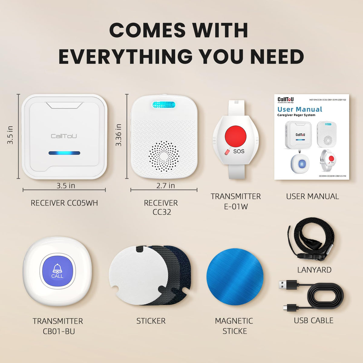 CallToU Caregiver Pager Wireless Call Button for Elderly/Senior,2026 New Version Pager with Vibration & Rechargeable,Nurse Alert System for Home Care Seniors (2 Pager and 2 Button)