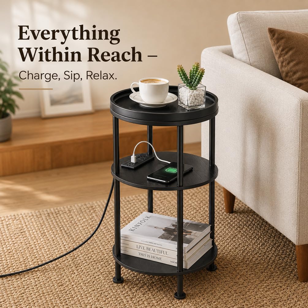 ZEXVIDA Small Round Side Table with Charging Station for Small Spaces, 3-Tier Accent Table with USB Ports & Power Outlets, Sofa Corner Tea Table for Living Room Nightstand Bedroom Apartment (Black)