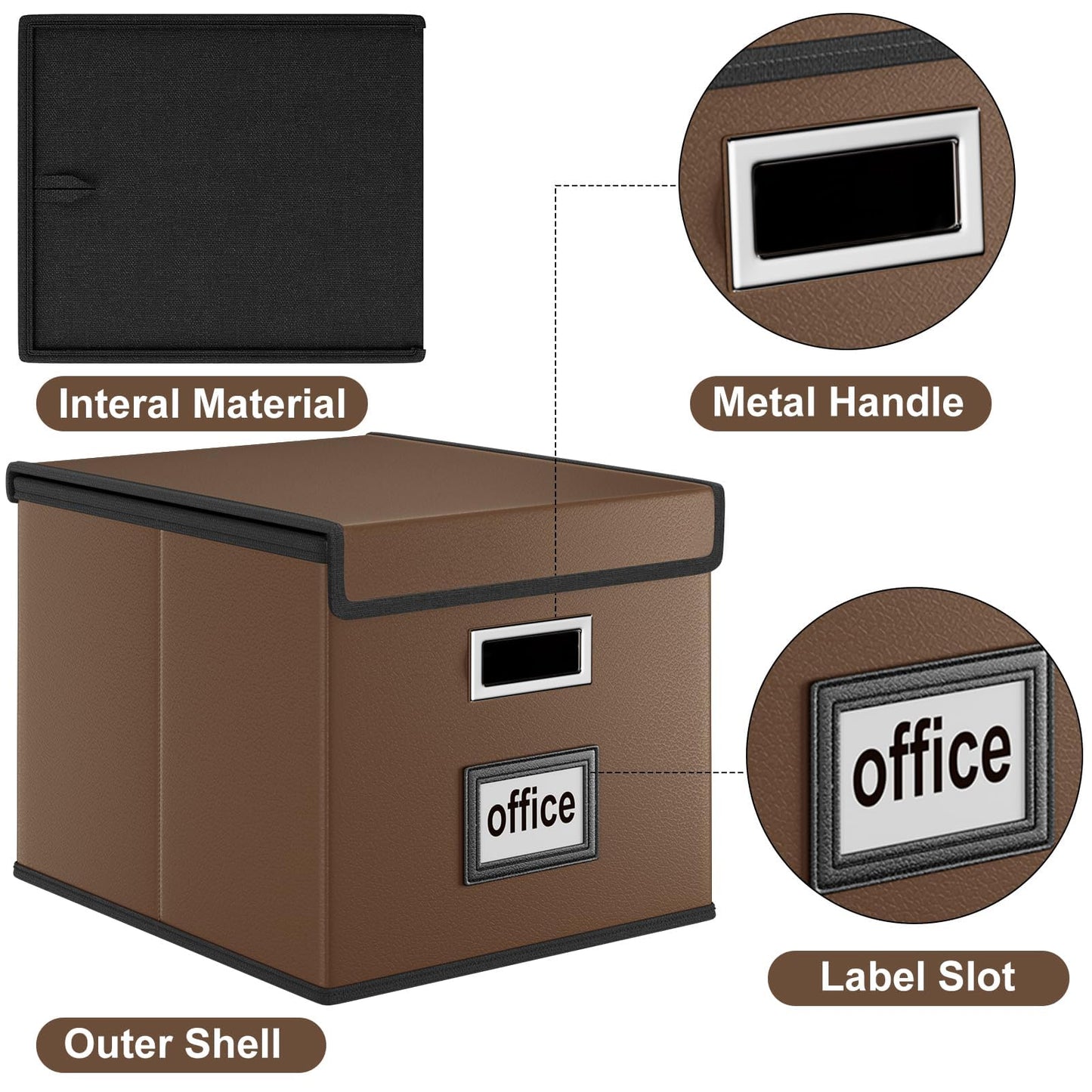 Huolewa Faux Leather File Organizer Box with Lid, Collapsible Hanging File Folder Box Organizer with Plastic Slides, Decorative Home/Office Filing Boxes for File and Folder Storage - Dark Brown