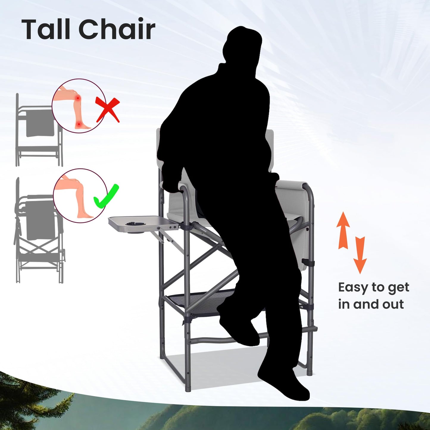 Foristrail 30" Bar Height Director Chair - 400lbs Heavy Duty with Detachable Footrest & Side Table, Portable Foldable Chair for Makeup Artists/Outdoor Events (Black/Gray)
