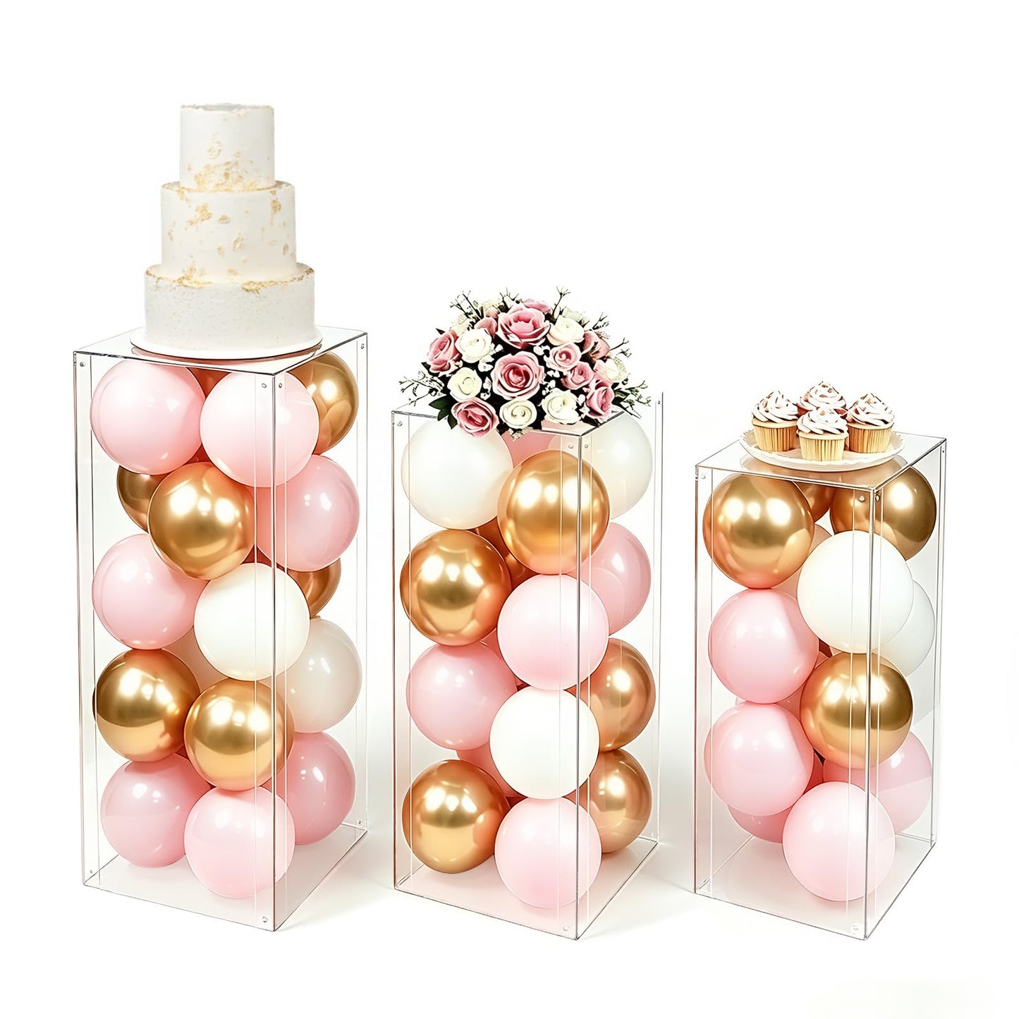 Vincidern 3PCS Acrylic Pedestal Stand for Party, Clear Square Display Plinth Pillar Stand for Wedding Cake Stand, Flower Holder, Sculpture Display, Art Gallery Home Decor (31.5"/27.6"/23.6" H)