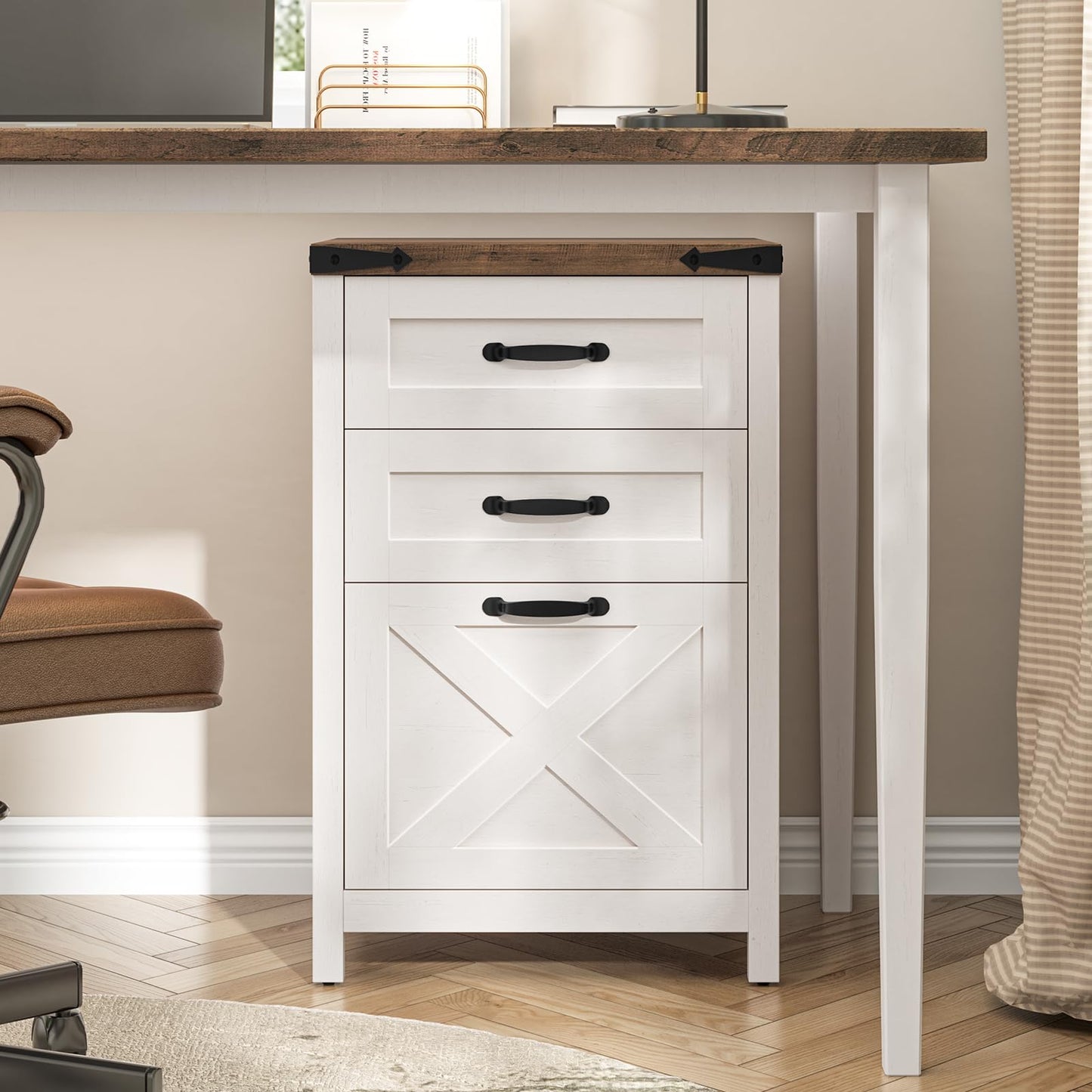 Halitaa 3 Drawer Small File Cabinet, Farmhouse Vertical Filing Cabinet Fits Letter and A4 Size, Under Desk Wooden File Cabinets for Home Office, Printer Stand, Rustic White