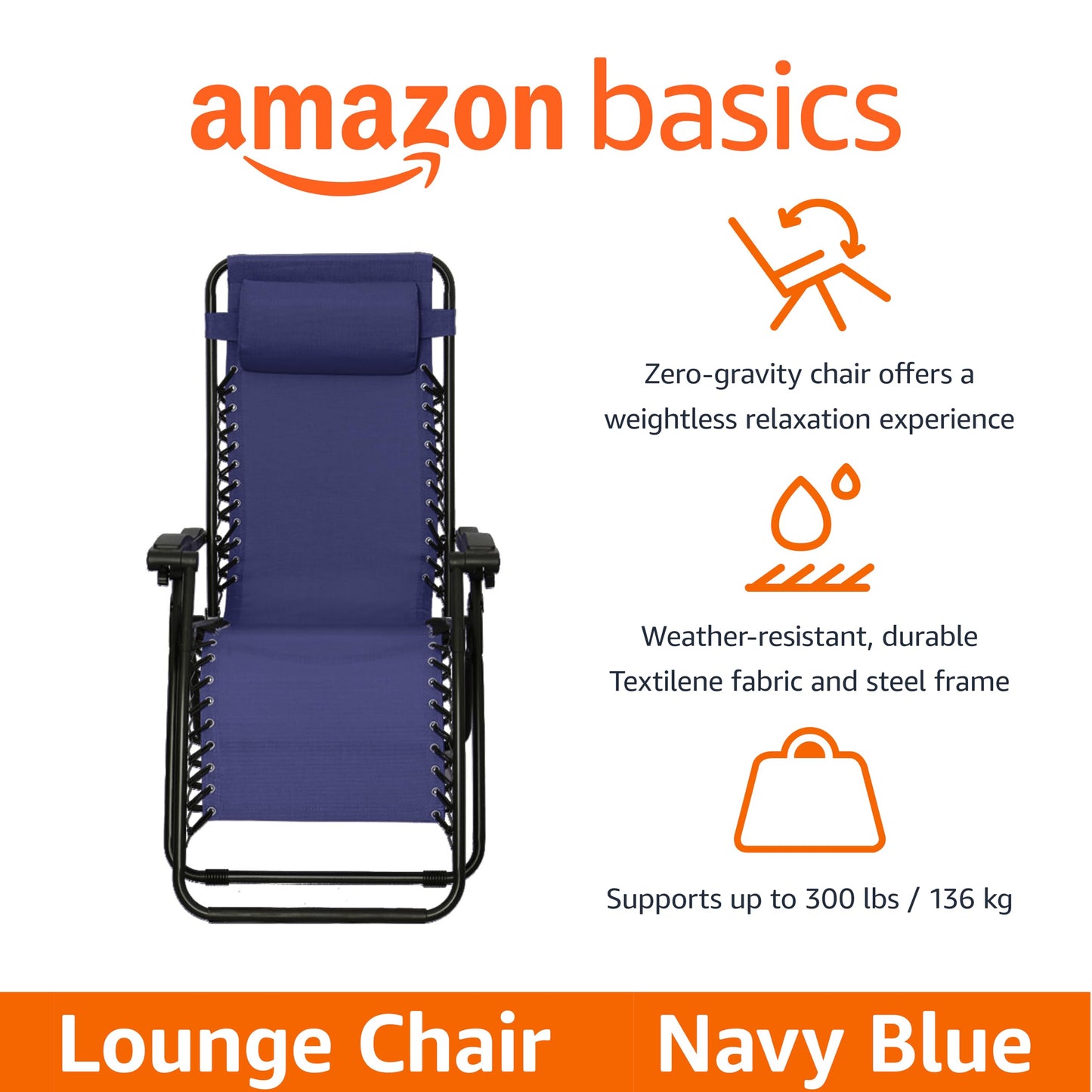 Amazon Basics Zero Gravity Lounge Chair with Pillow, Foldable Outdoor Reclining Chair for Patio and Beach, Weather-Resistant Textilene, 300 lb Capacity, 26", Navy Blue