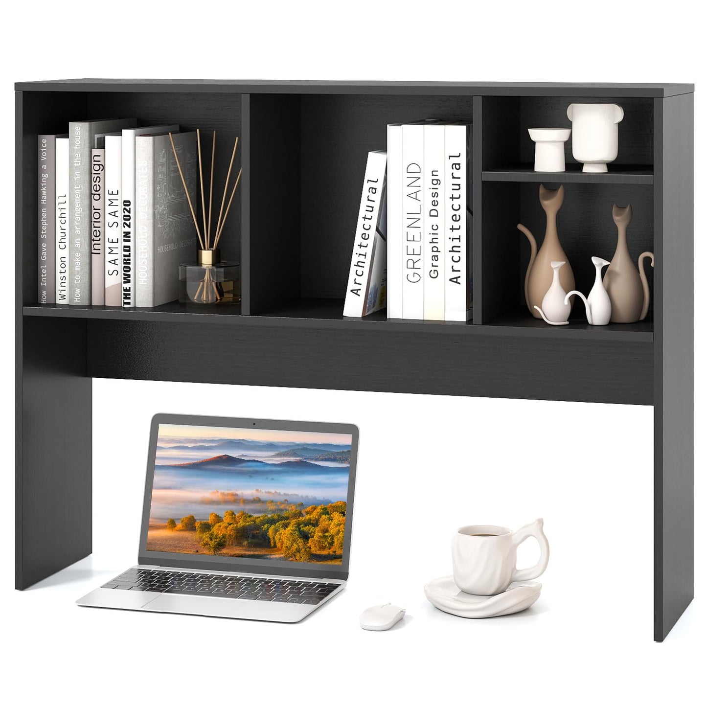 Tangkula Desktop Bookshelf, Countertop Storage Hutch with 4 Shelves for Computer Desk, Desktop 2-Tier Display Rack, Multipurpose Wood Desk Hutch Storage Organizer for Dorm Office Home (Black)