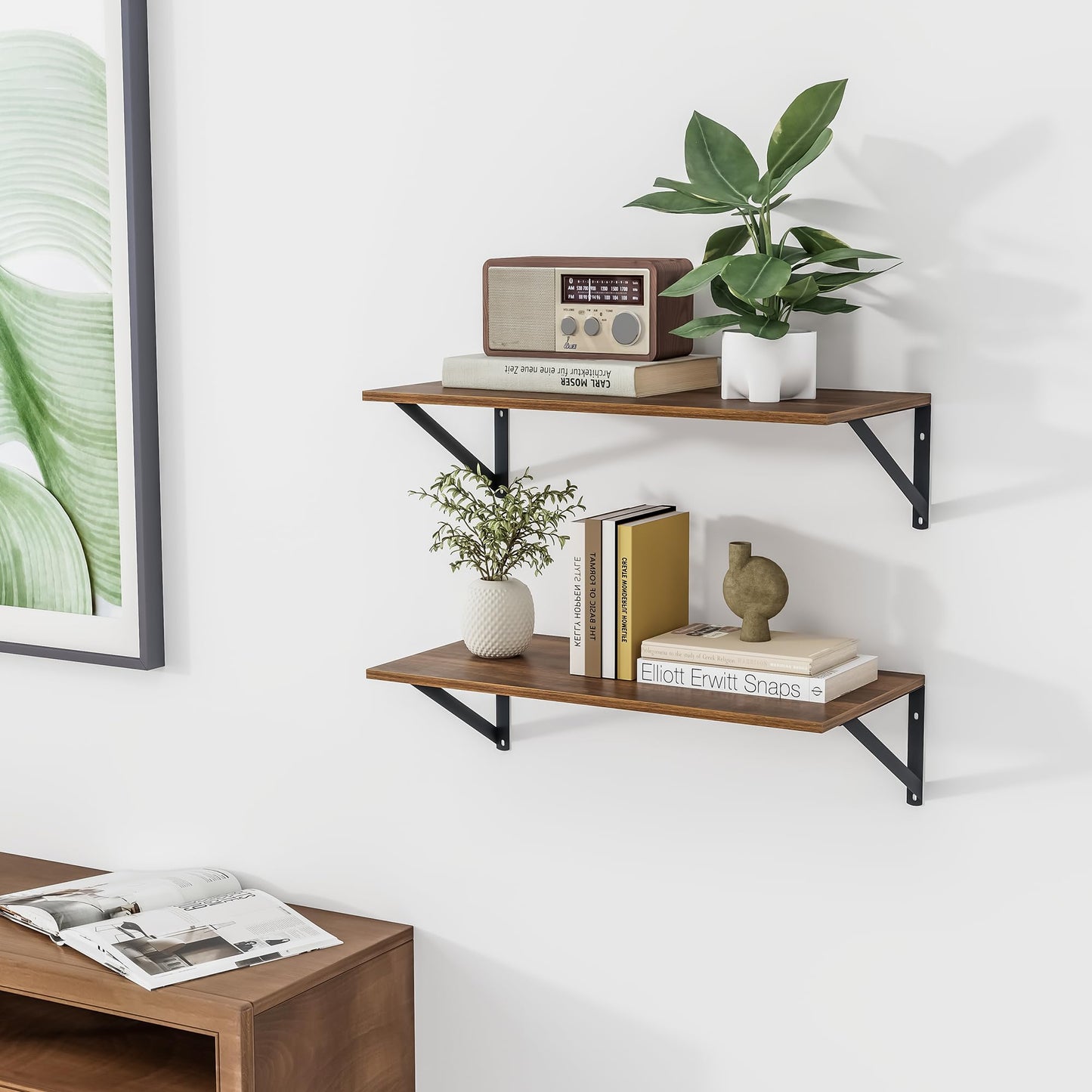 Heimlove 12 Inch Deep Floating Shelves for Wall, 24W x 12D Wood Wall Shelves Set of 2, Walnut Wide Floating Bookshelf for Living Room, Kitchen, Office, Bedroom, with Black Metal Bracke - Walnut
