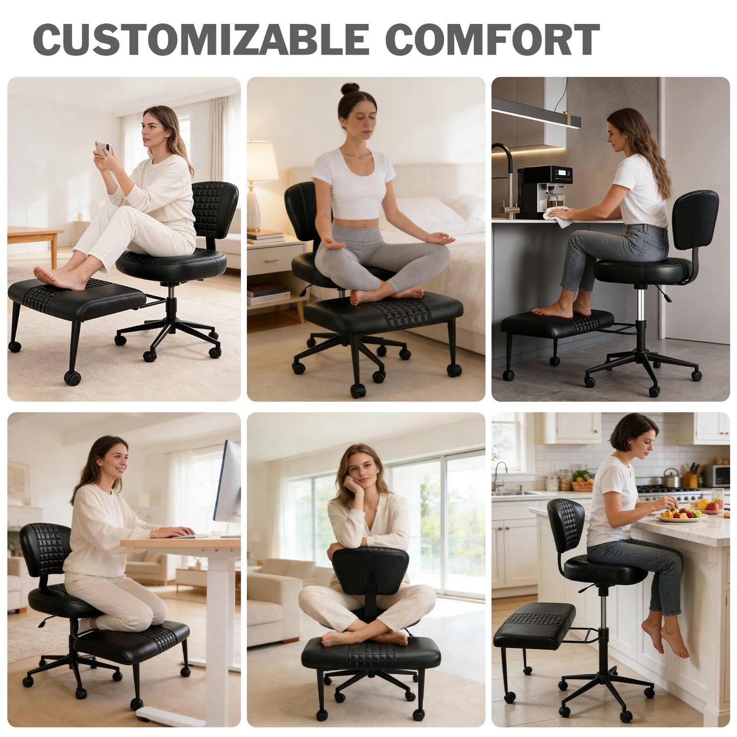 Ergonomic Cross Legged Office Chair with Footrest, 360° Swivel Height Adjustable PU Criss Cross Chair, Wide Seat & Back Support for Home Office, ADHD, Black